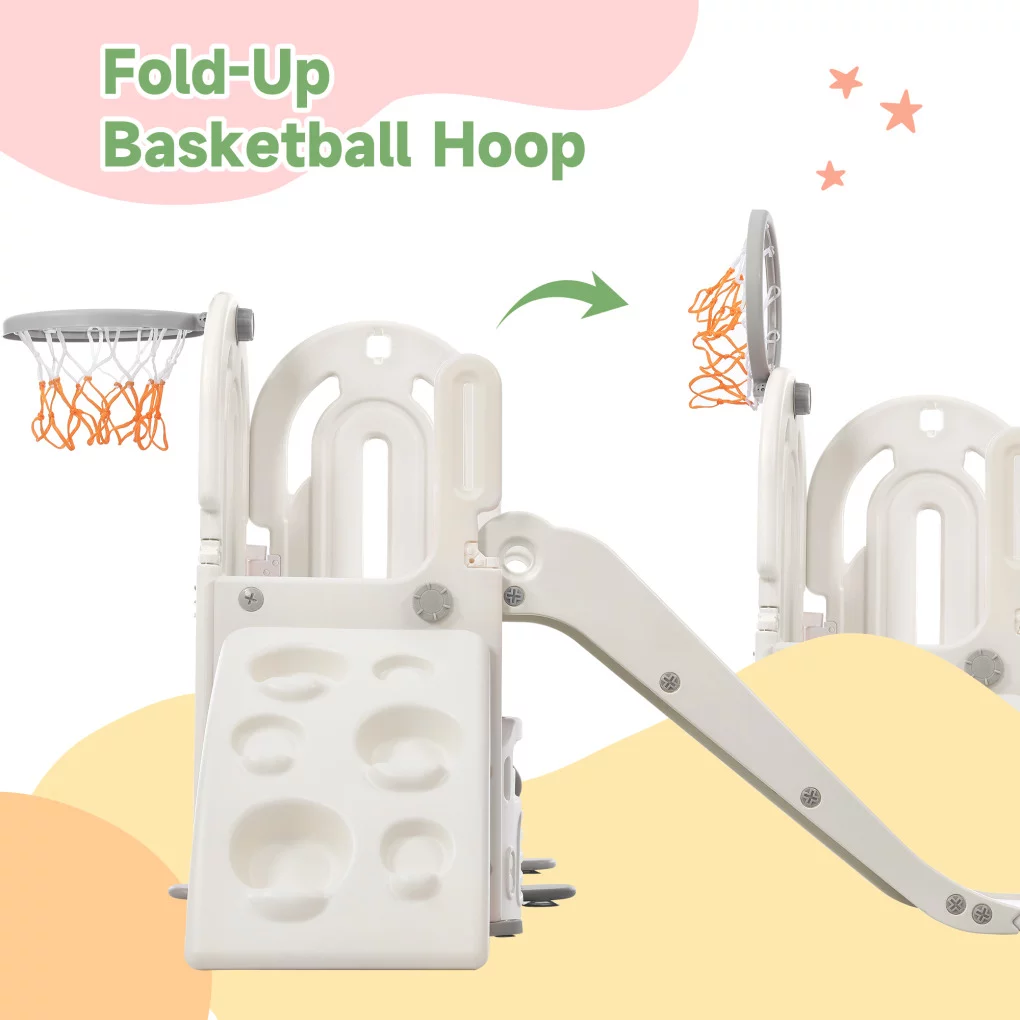 Toddler Slide and Climb Set, 4 in 1 Kids Climber Slide with Basketball Hoop and Storage Space, Freestanding Combination Slide with Armrest for Children Teens Boys Girls