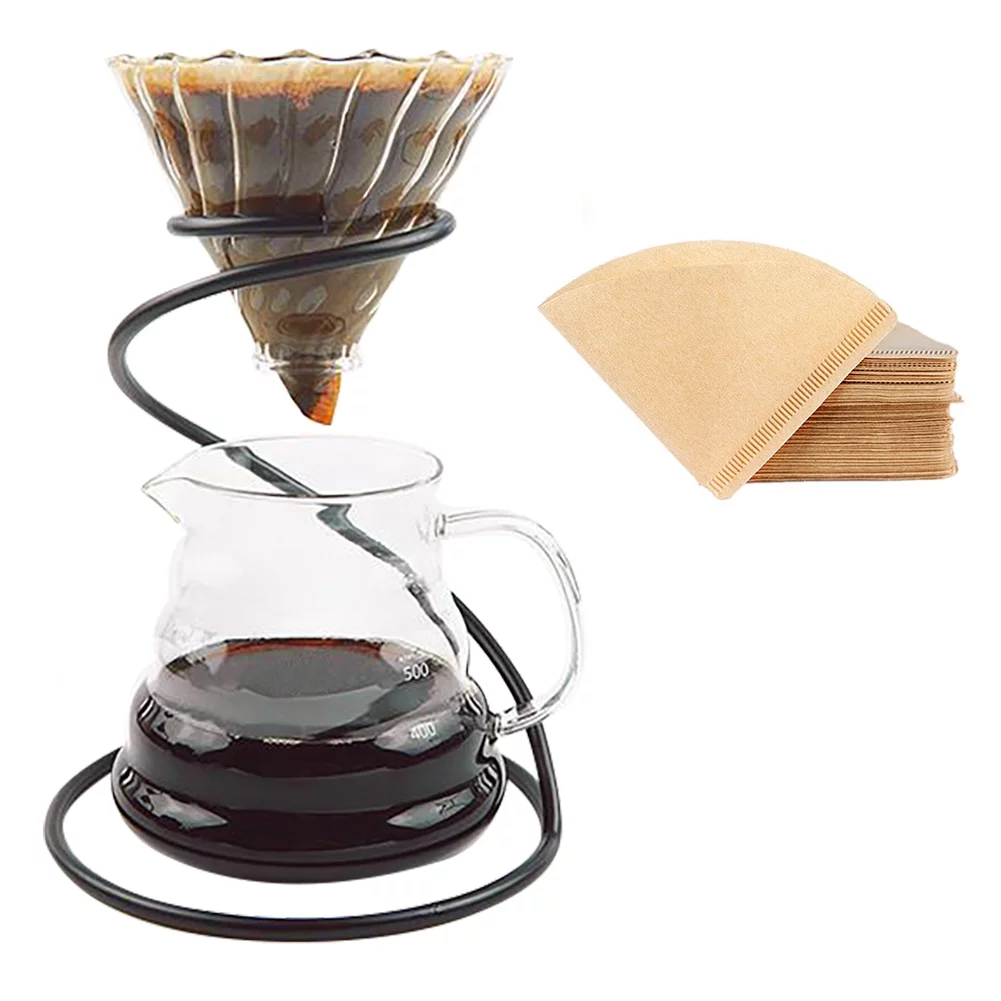 LEIJOCO Pour Over Coffee Maker Set ?C Includes Glass Coffee Dripper, Metal Dripper Stand, Heat Resistance 600ml Coffee Server and 40 Count Paper Coffee Filters, 4 in 1 Bronze Set