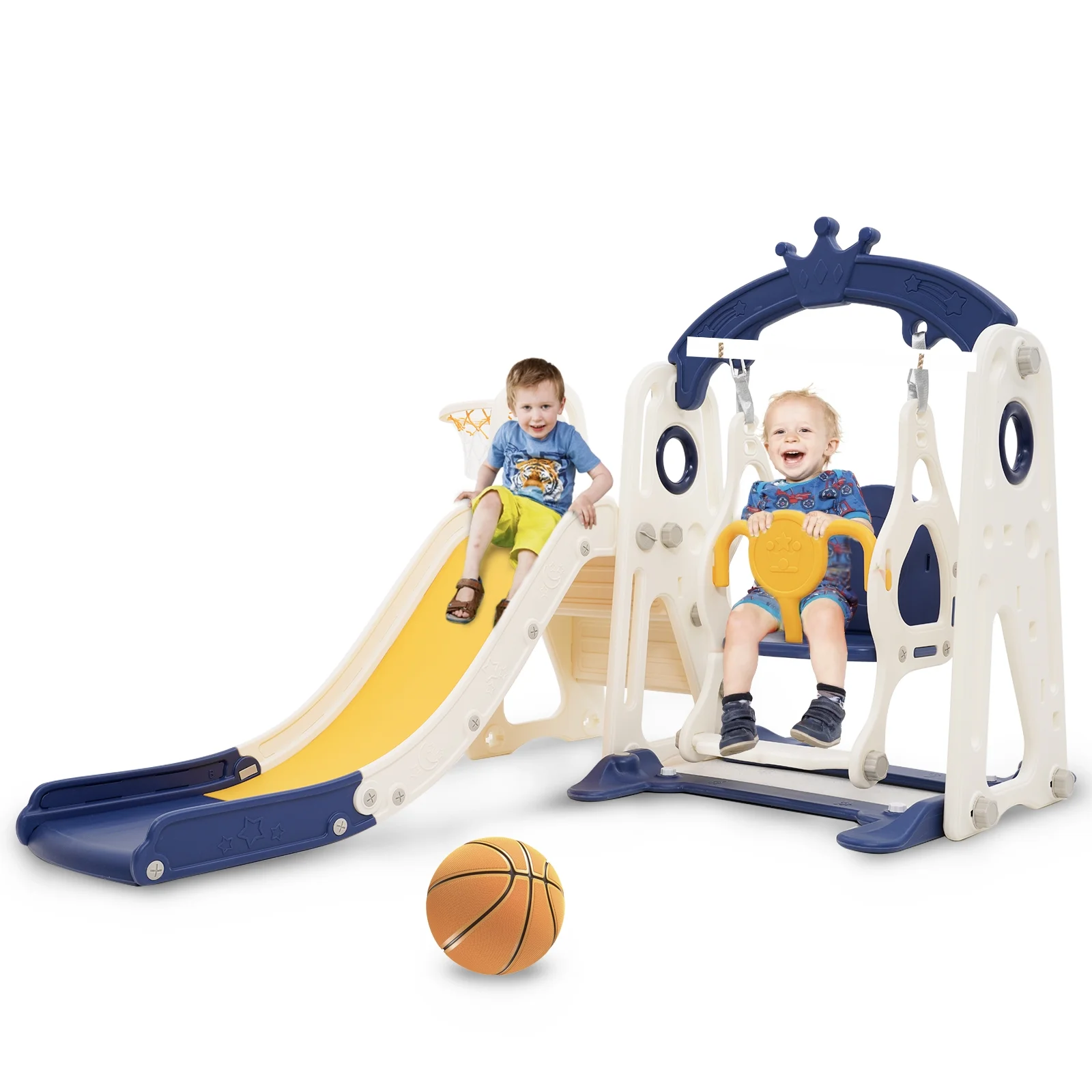 Toddler Slide and Swing Set 4 in 1 Baby Slide Climber Playset with Swing Slide Basketball Kids Slide and Swing Set Indoor Outdoor Backyard Toys for Toddlers Boy Girl