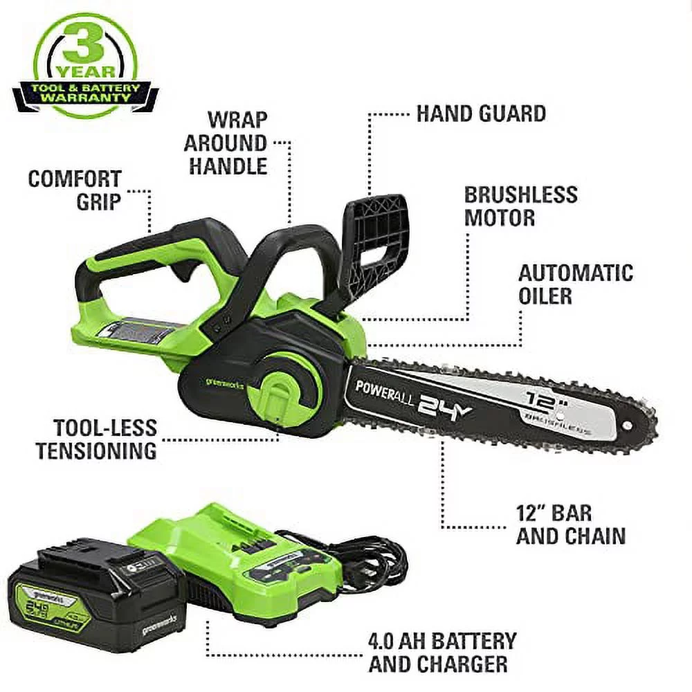 Greenworks 24V 12-inch Brushless Chainsaw with 4.0 Ah Battery and Charger, 2016602