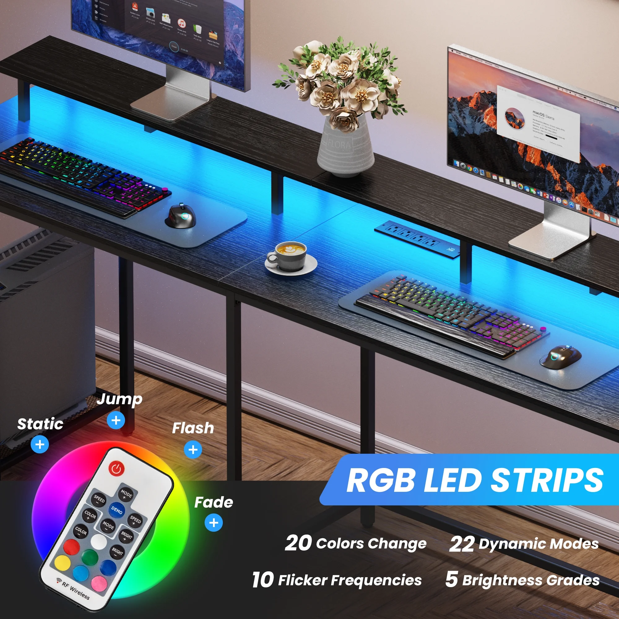 SUPERJARE L Shaped Desk with Outlets & USB Ports, Gaming Desk with LED Light Strip, Corner Computer Desk, L Office Desk, Monitor Stand, Hooks, and Storage Shelves, Black