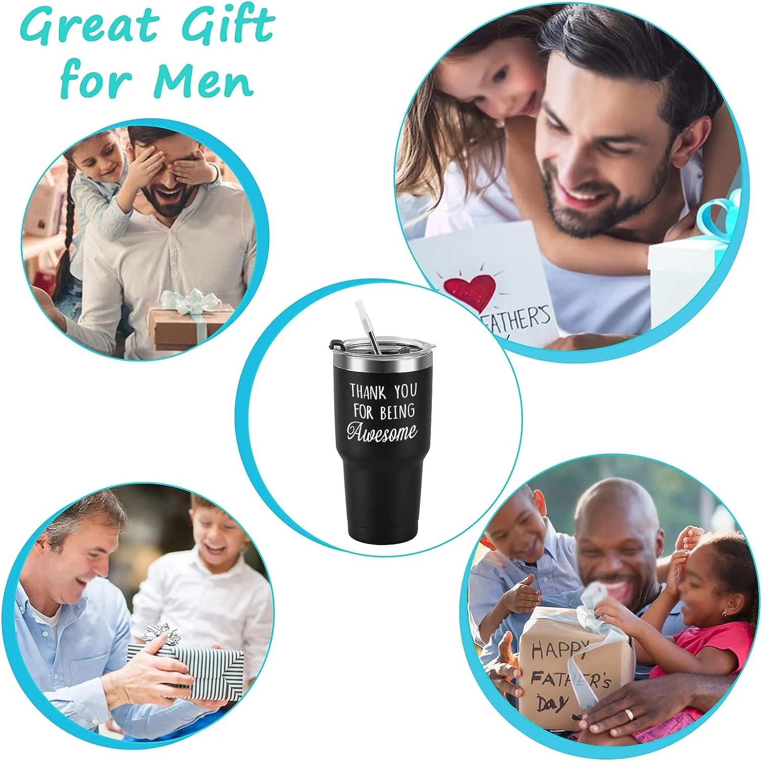 Modwnfy Thank You Gifts for Men, Thank You for Being Awesome Stainless Steel Insulated Tumblers Gifts, Black 30 fl oz Stainless Steel Tumblers with Lid and Straw Tea Cups