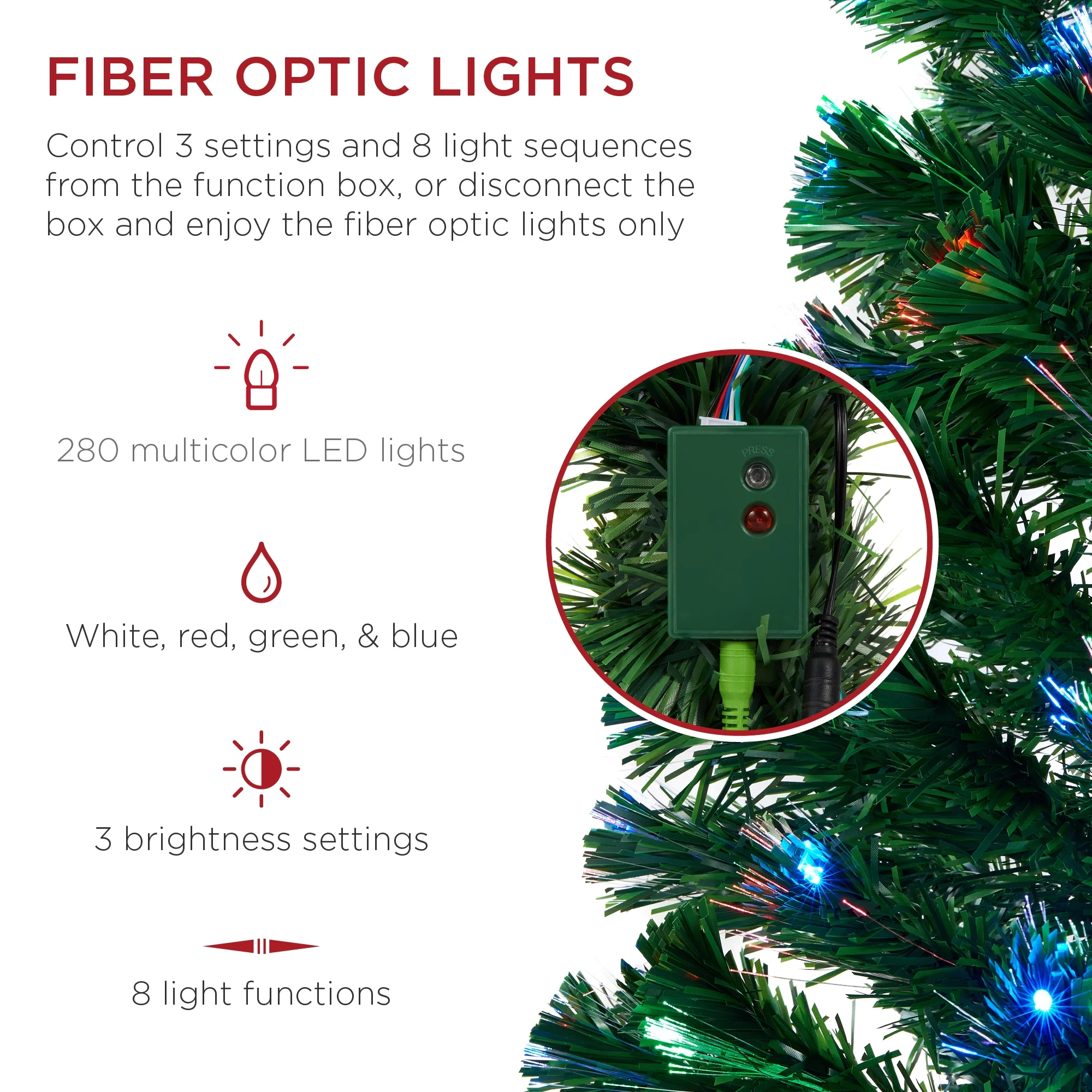 Best Choice Products 7ft Pre-Lit Fiber Optic Artificial Pine Christmas Tree w/ 280 Multicolored LED Lights, 8 Sequences