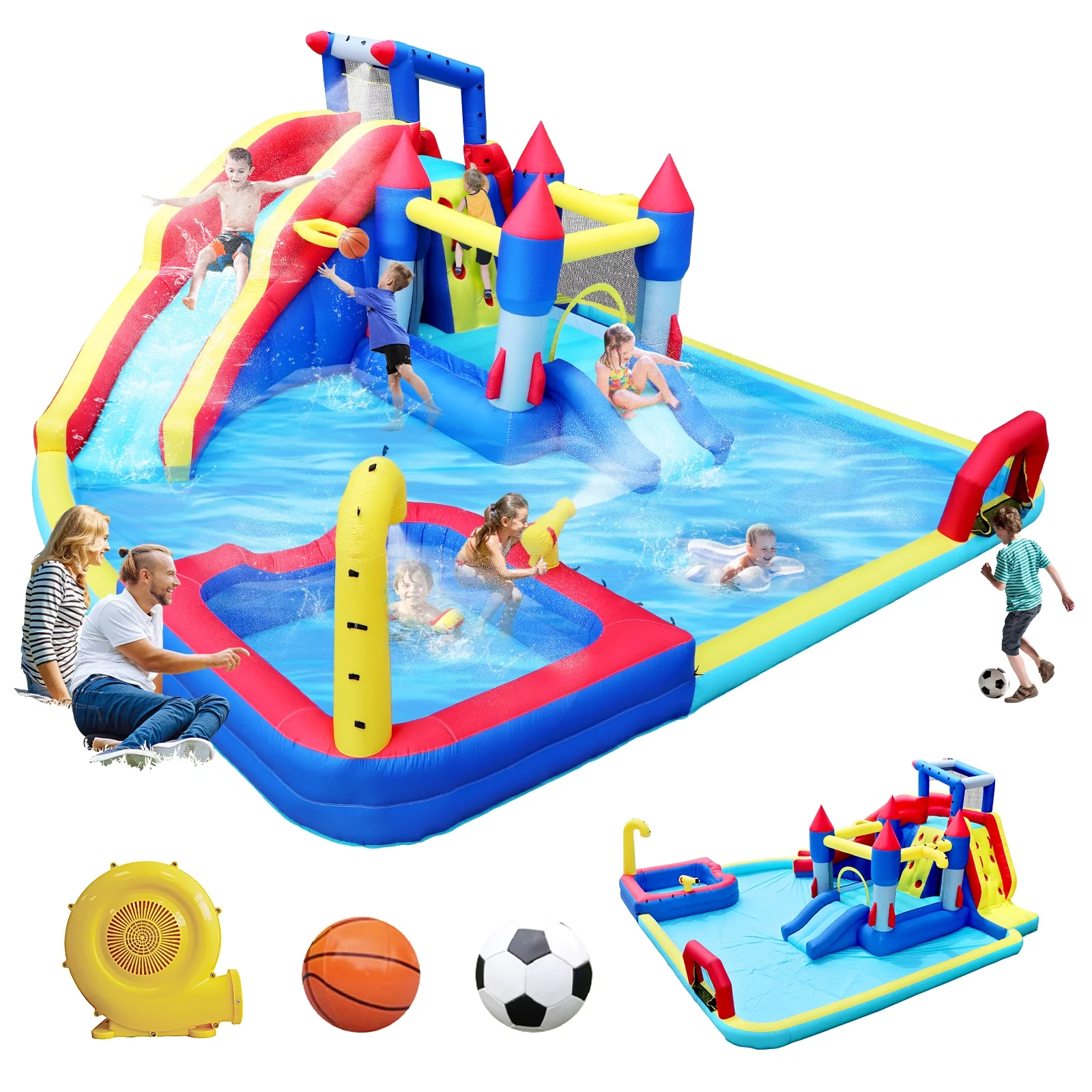 Track 7 Inflatable Water Park,7 in1 Inflatable Slide Water Park Bounce House with Splash Pool & Water Gun & Climbing Wall & Basketball & Soccer & Dual Pools & Blower,Blow Up Water Park Bounce House