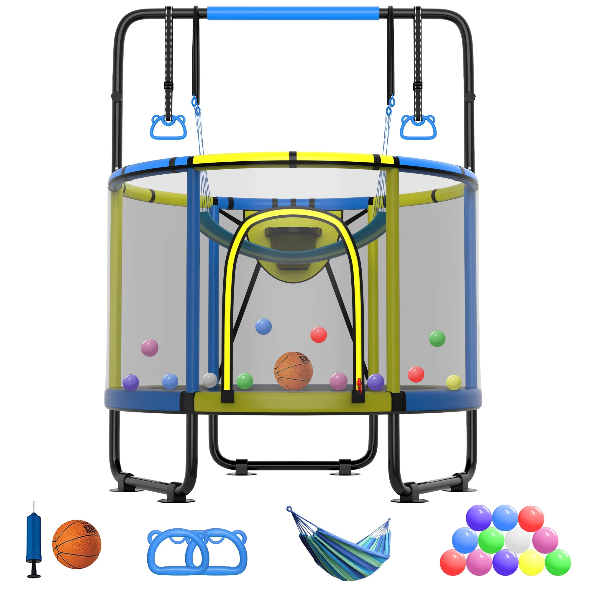 CITYLE Trampoline for Kids 600LBS 60” 5FT Toddler Trampoline Indoor Outdoor with Basketball Hoop, Swing, Adjustable Bar, Mini Small Trampoline with Enclosure, Gifts for Toddlers, Boys & Girls