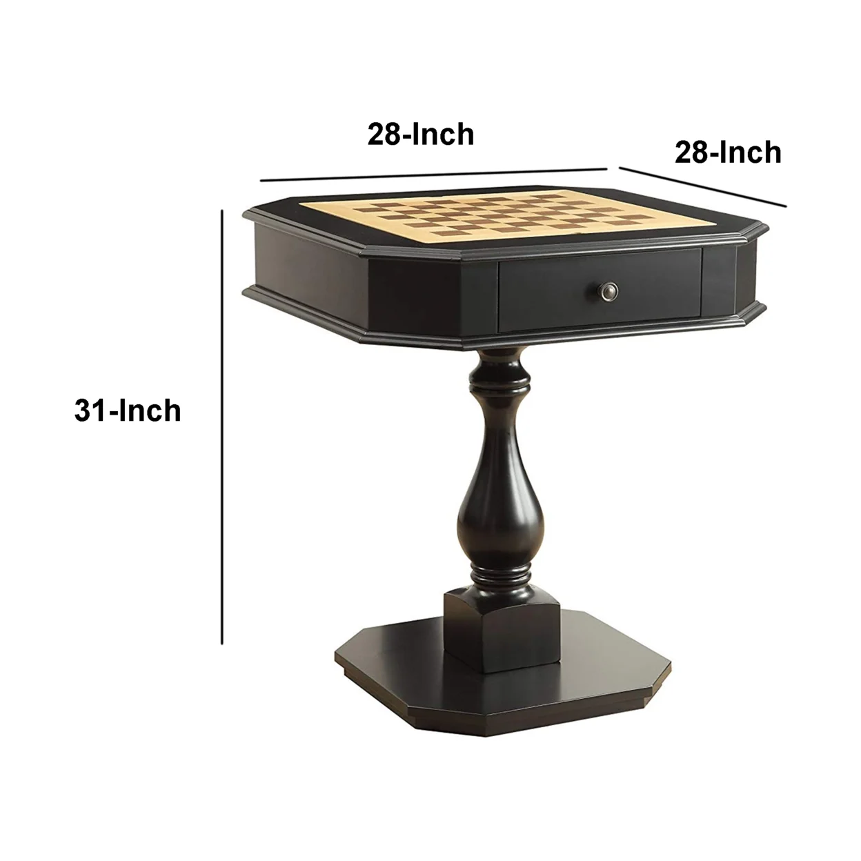 Wooden Chess Game TableWith One Drawer, Black- Saltoro Sherpi