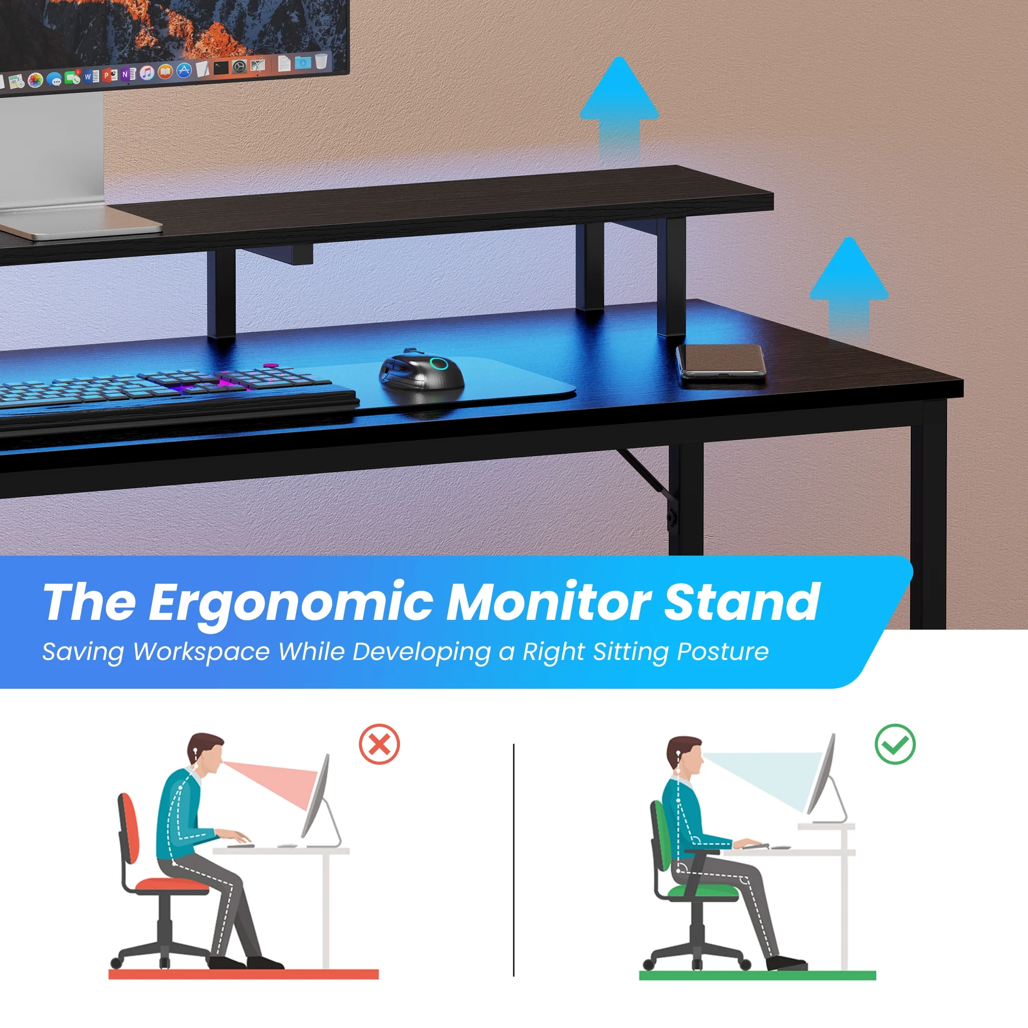 SUPERJARE L Shaped Desk with Outlets & USB Ports, Gaming Desk with LED Light Strip, Corner Computer Desk, L Office Desk, Monitor Stand, Hooks, and Storage Shelves, Black