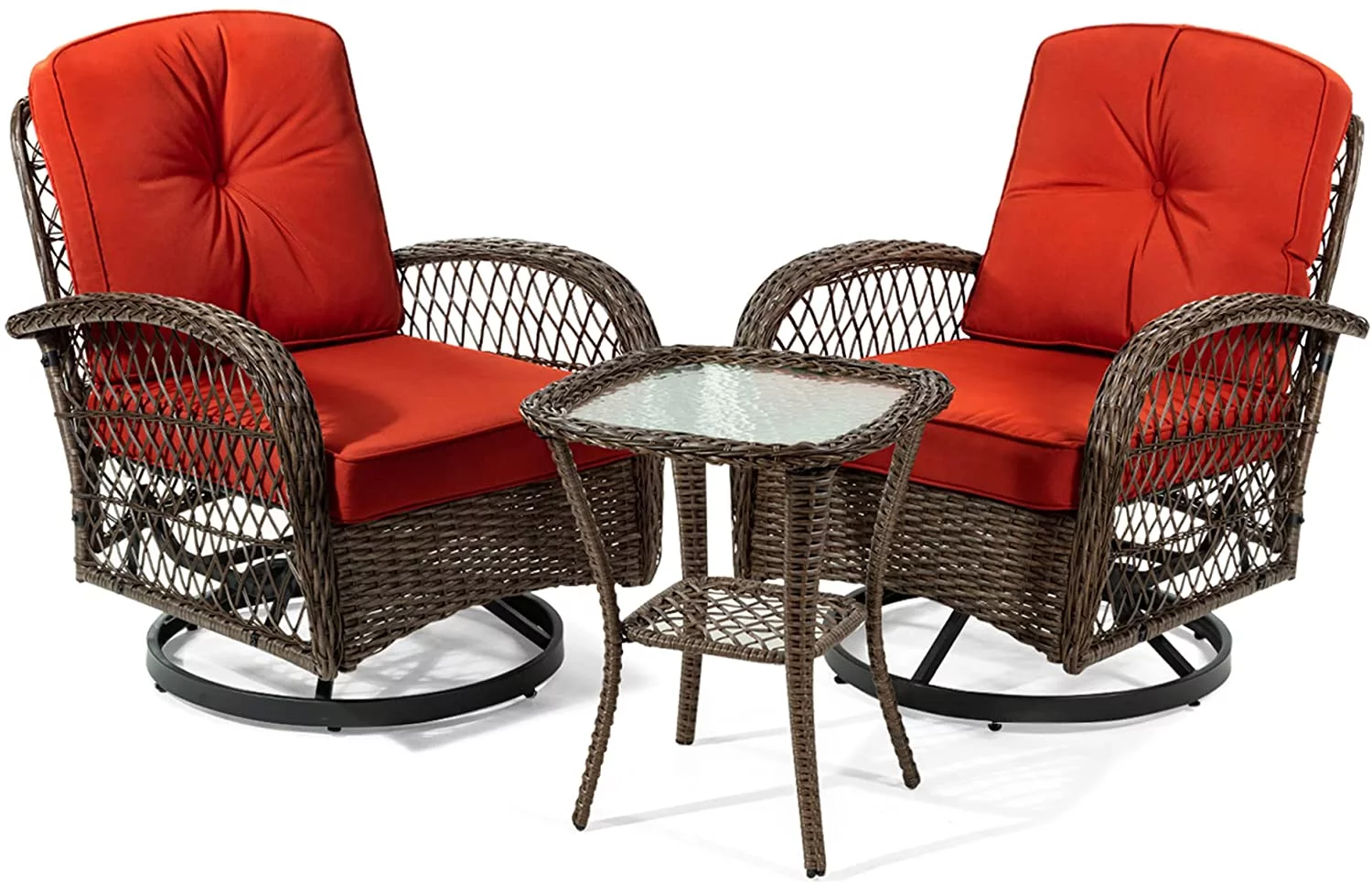 Amolife 3 Pieces Wicker Patio Furniture Set, Bistro Set with Outdoor Swivel Rocking Chair and Coffee Table, Red