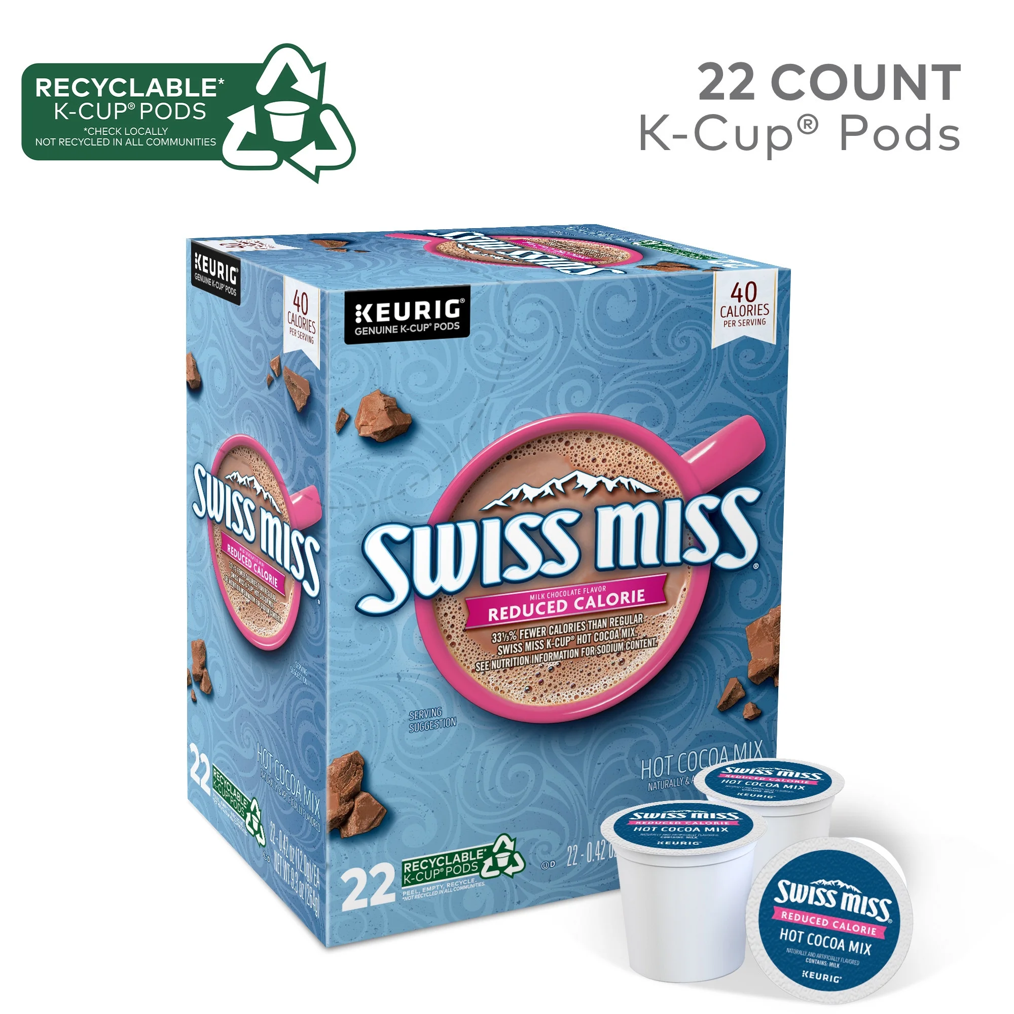 Swiss Miss Reduced Calorie Hot Cocoa, Keurig Single Serve K-Cup Pods, 22 Ct