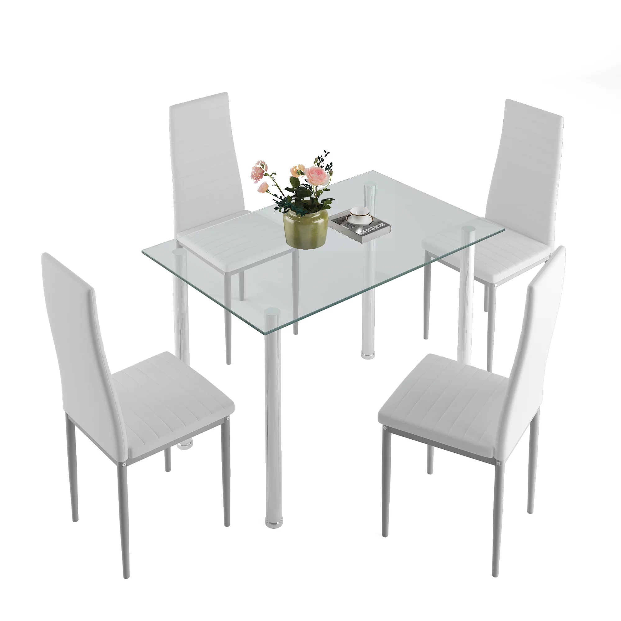 uhomepro White Kitchen Table Set, 5 Pieces Dining Table Set, Tempered Glass Dining Table and Chairs Set for 4, Upgraded Iron Dining Room Table Set with 4 PU Leather Chairs