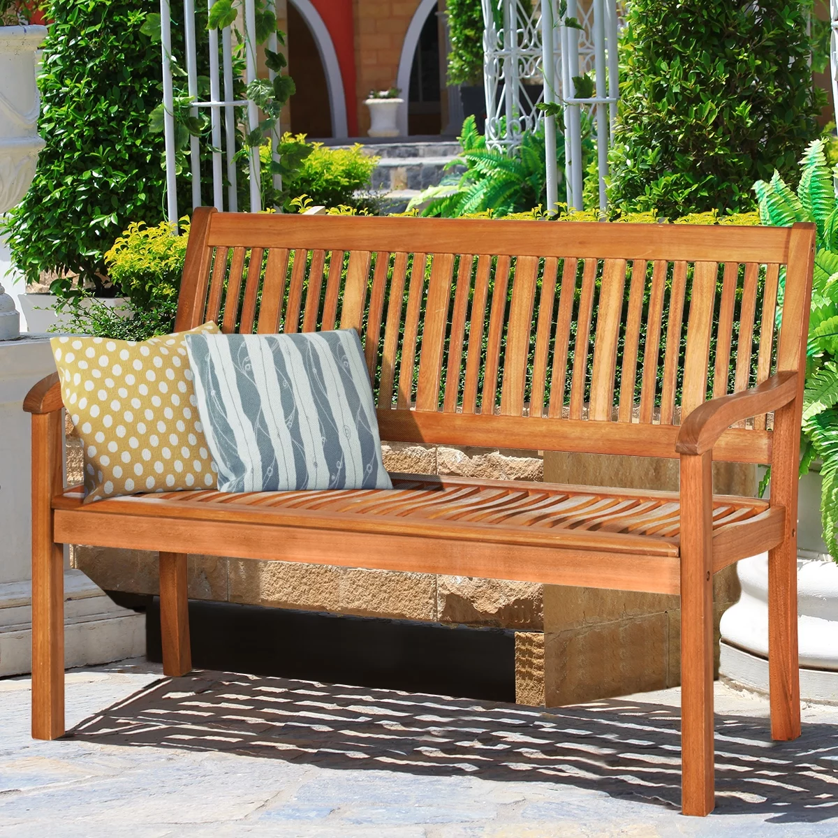 Costway 50” Two Person Outdoor Garden Bench Loveseat Porch Chair Solid Wood W/Armrest