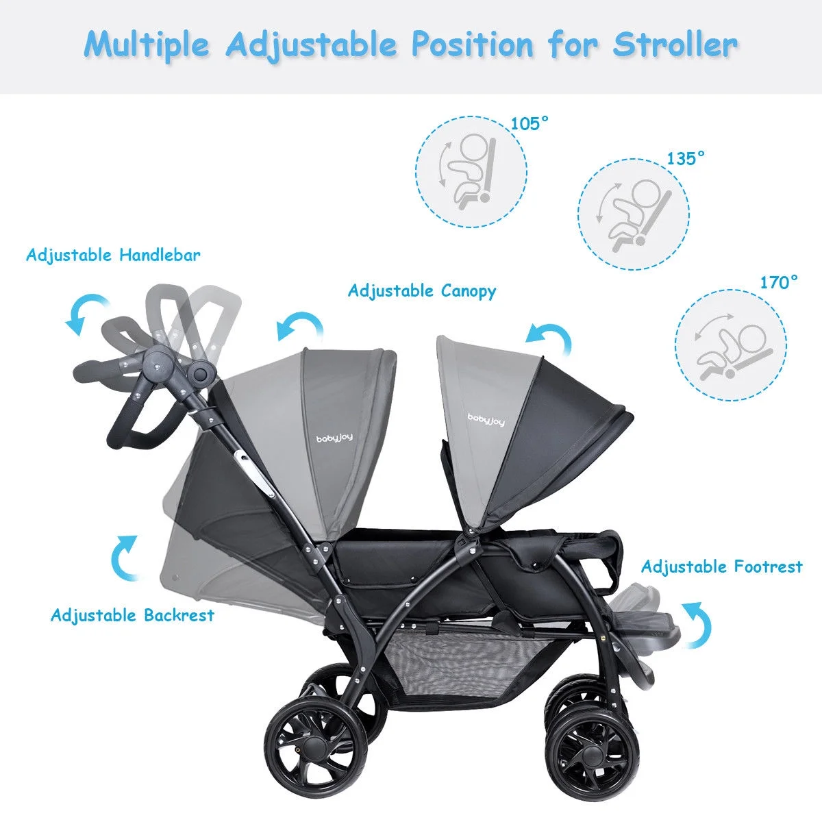 Babyjoy Double Stroller Foldable Baby Twin Lightweight Travel Stroller Infant Pushchair Black