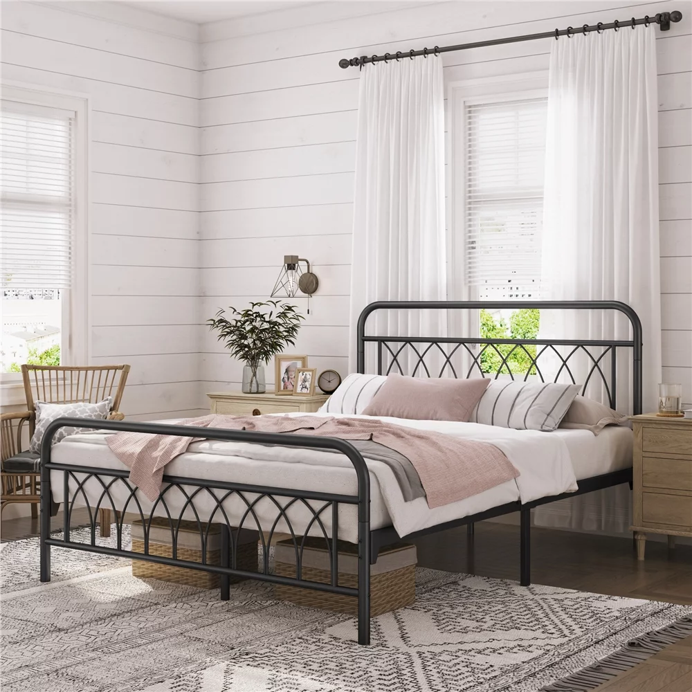 SmileMart Alora Metal Platform Bed Frame with Petal Accented Headboard and Footboard, Full, Black