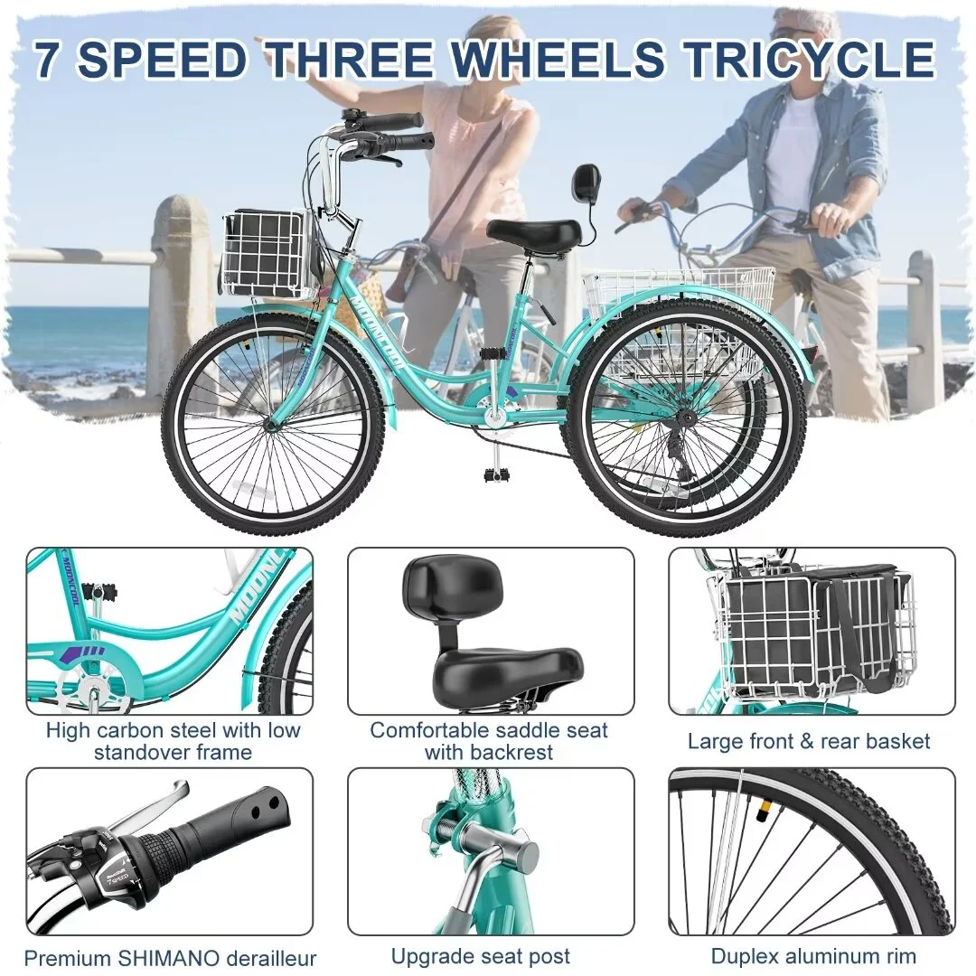 Docred Adult Tricycle 7 Speed 24 Inch Three Wheel Bike Cruiser Trike for Men/Women/Seniors