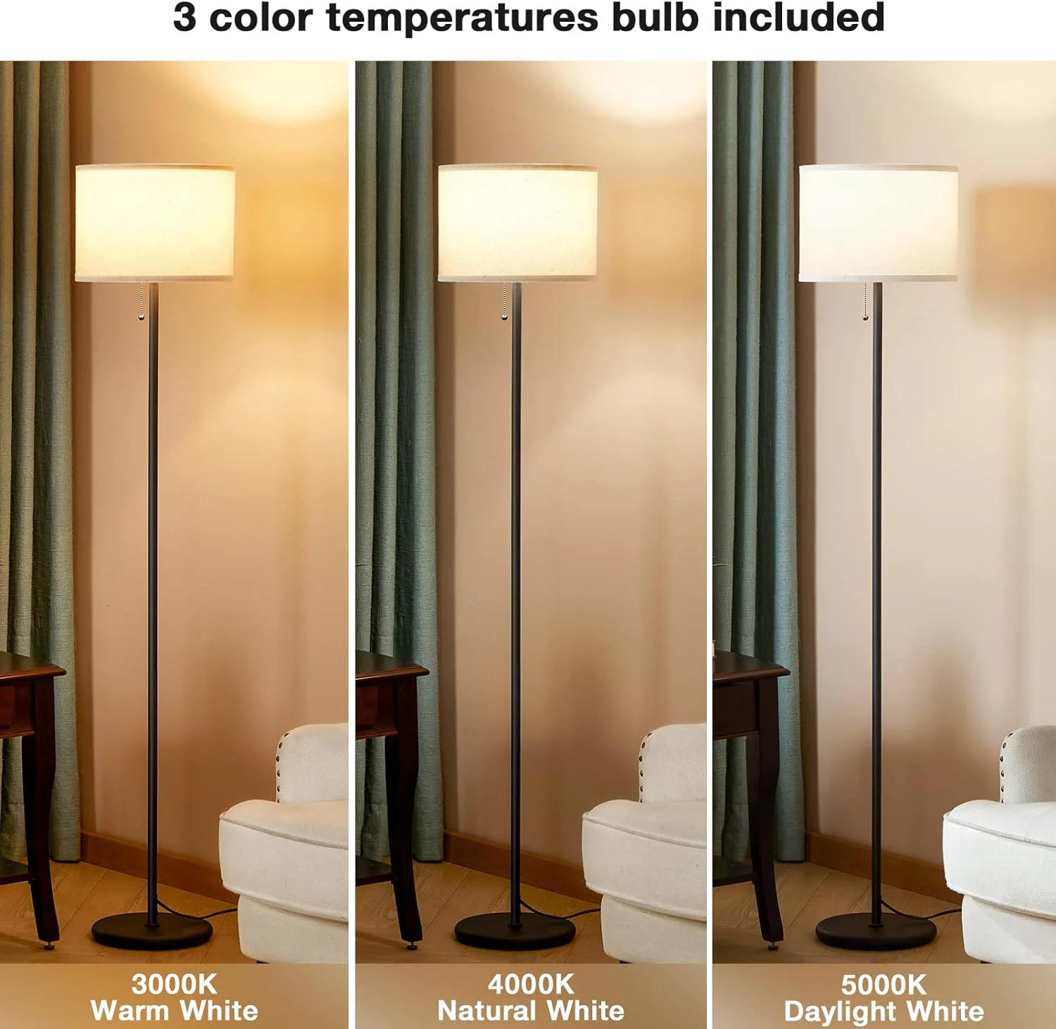 Floor Lamp for Living Room, Tall Modern Standing Lamp with Linen Shade, Footswitch, 3 Color Temperatures, Mid Century Floor Lamp for Bedrooms, Office (9W LED Bulb Included)