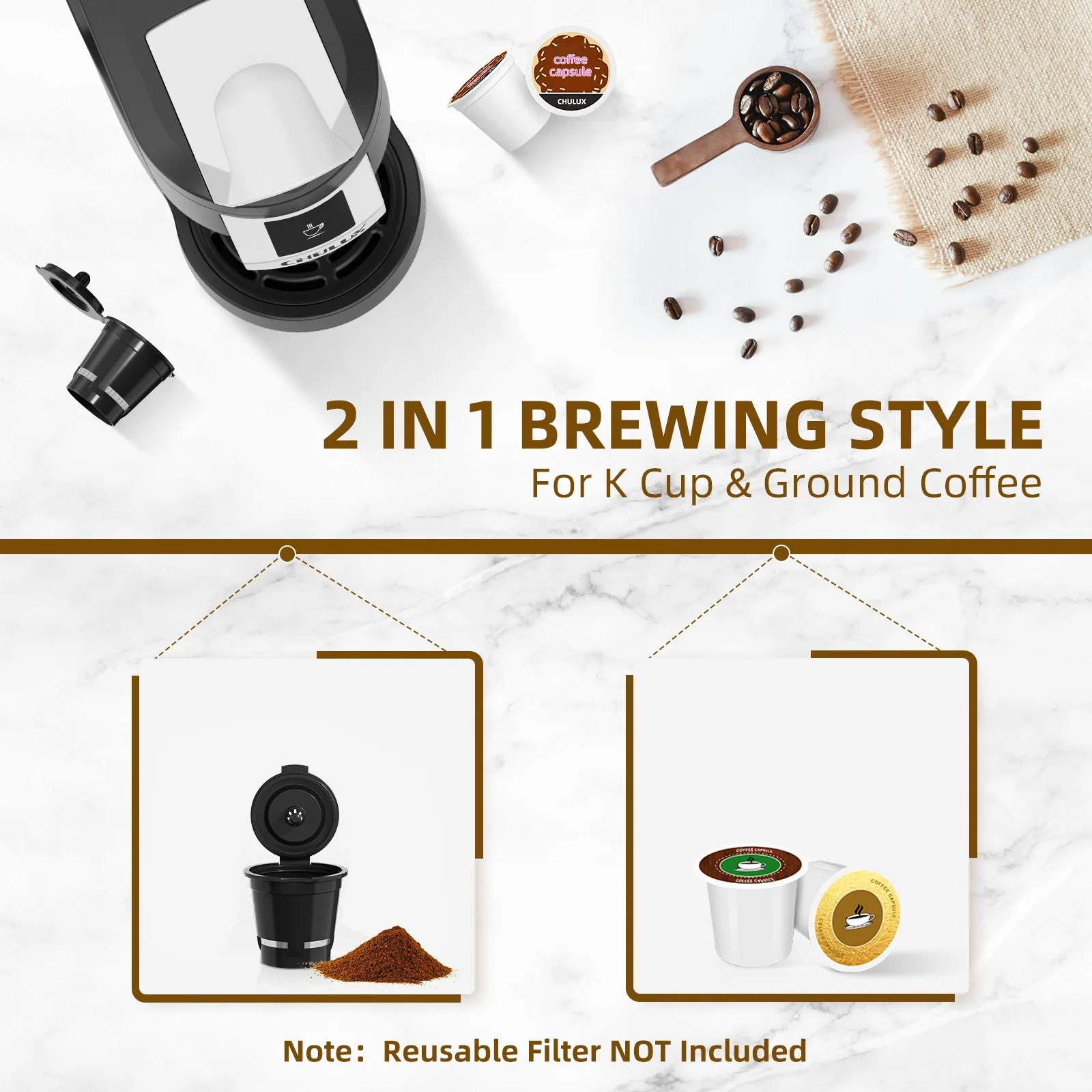 CHULUX Classic Coffee Maker One Cup, Single Serve Travel Pod Coffee Machine for K Cup & Ground Coffee, New