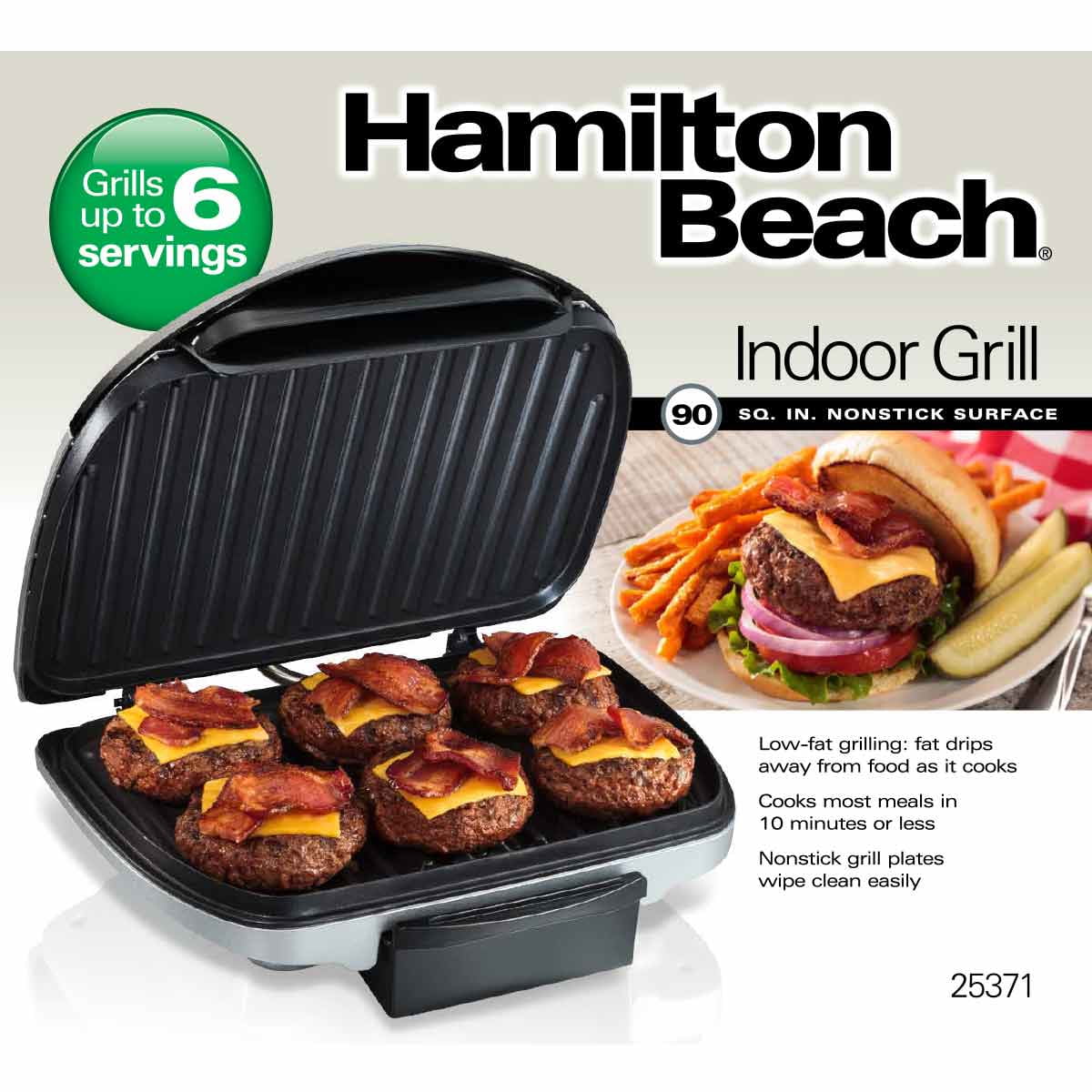 Hamilton Beach Electric Indoor Grill, 6-Serving, Large 90 sq.in. Nonstick Easy Clean Plates, Floating Hinge for Thicker Foods, 1200W, Stainless Steel, 25371