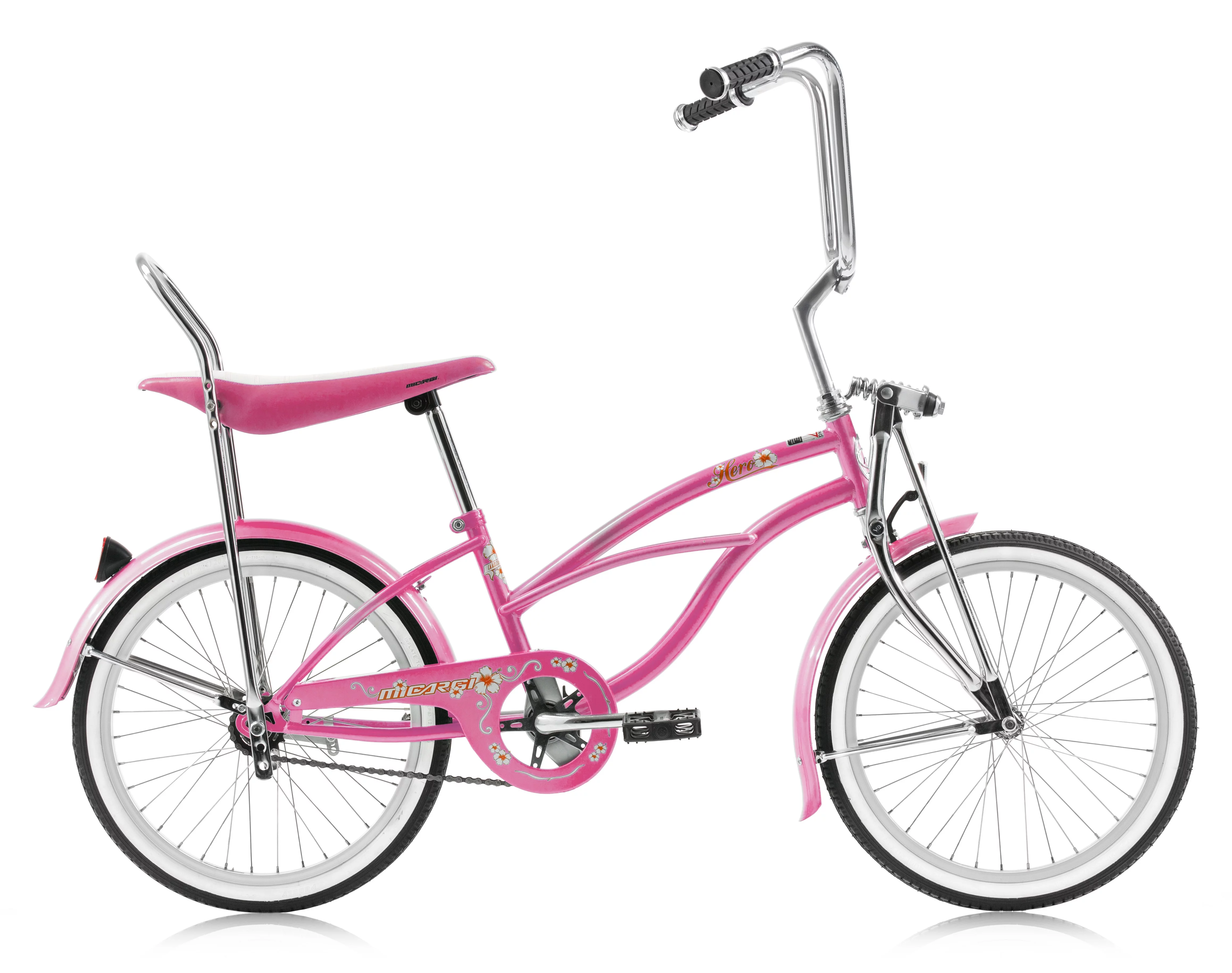 Micargi HERO 20″ Beach Cruiser Coaster Brake Single Speed with Banana Seat Stainless Steel Spokes One Piece Crank Alloy Rims 36H Color: Pink