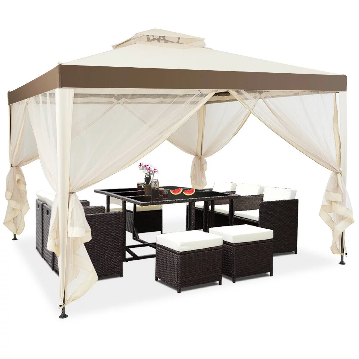 Gymax 10’x 10′ Canopy Gazebo Shelter W/Mosquito Netting Outdoor Patio Beige