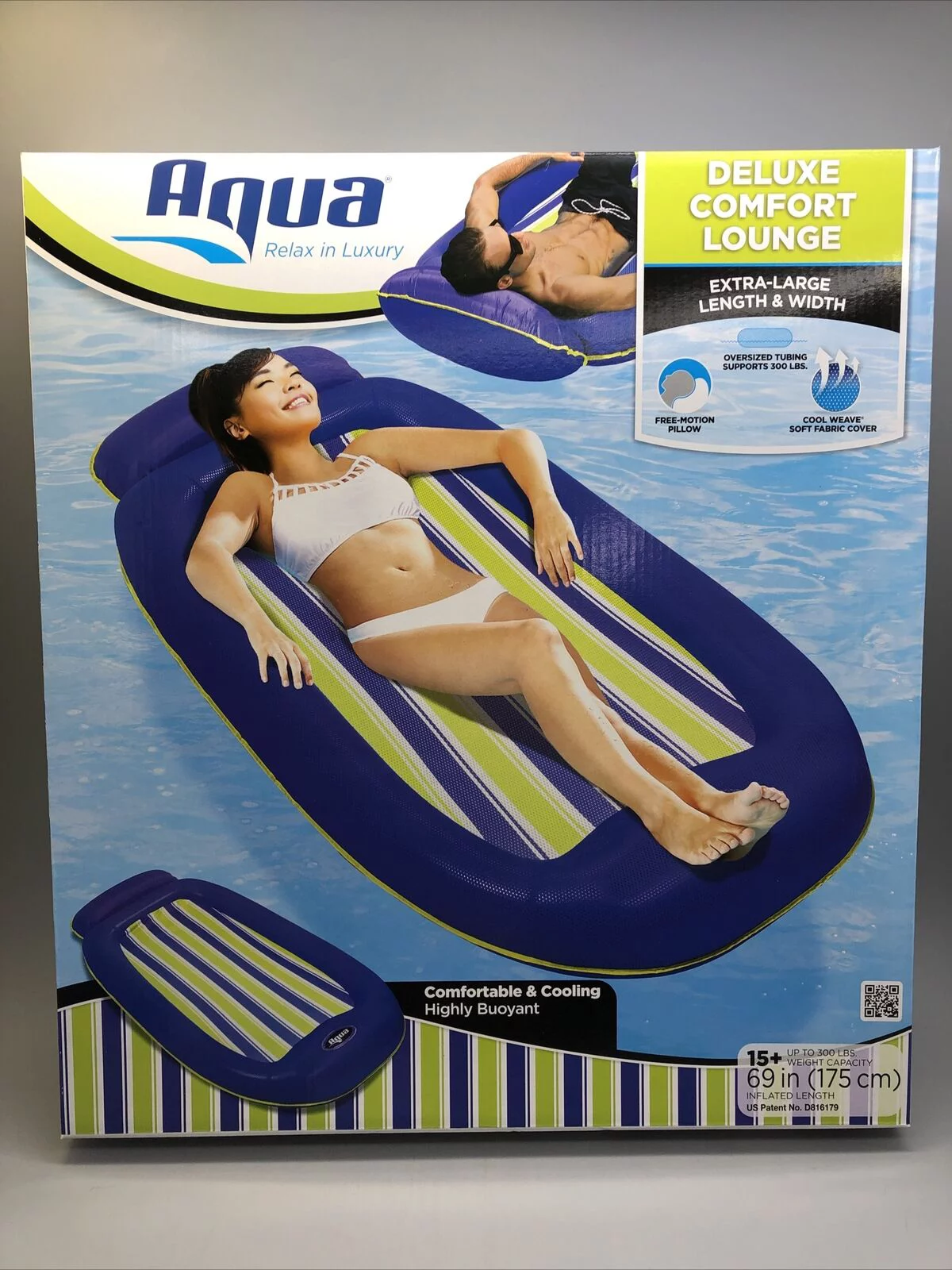 AQUA Deluxe Comfort Pool Float Lounge for Adults with Head & Footrests, Blue