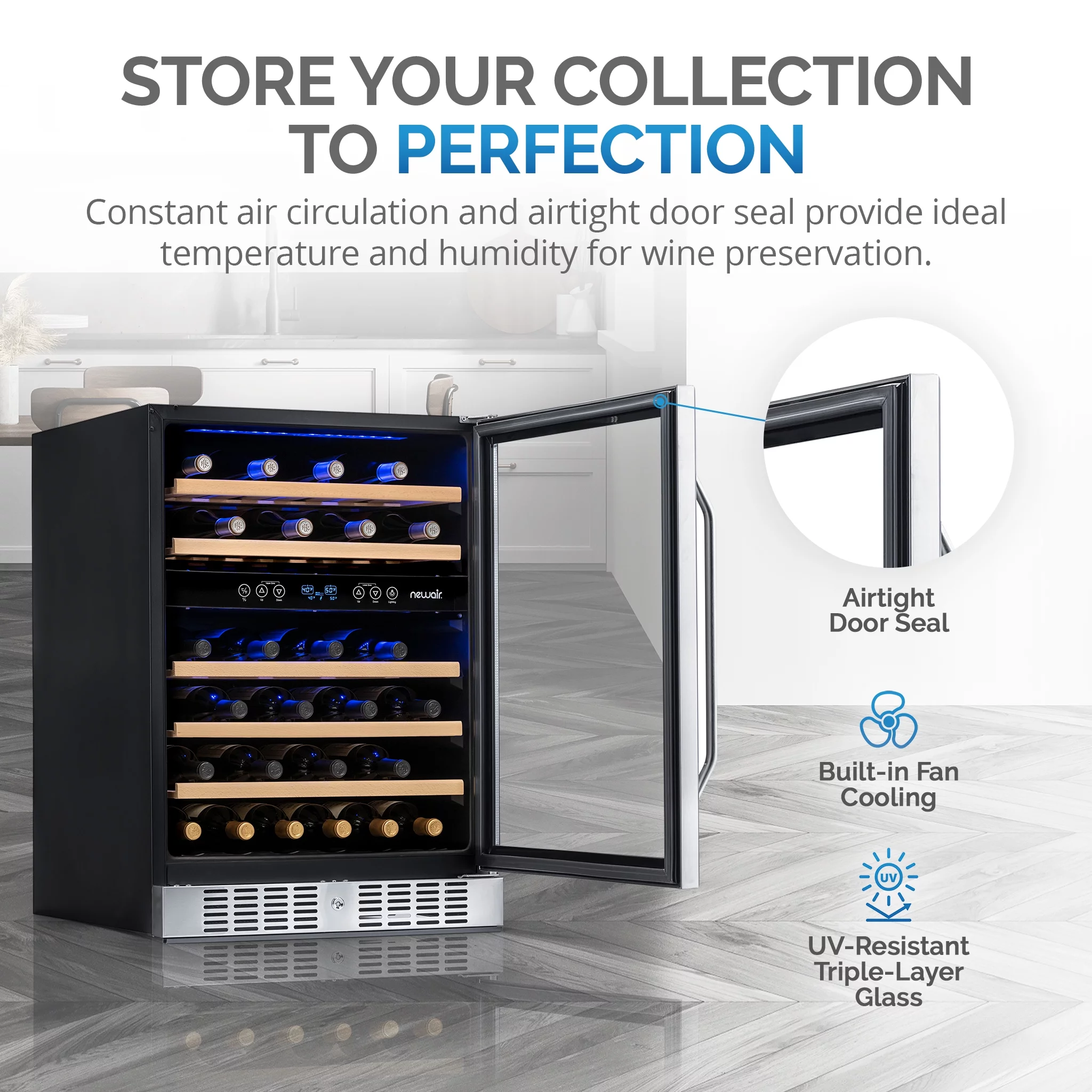 Newair 46-Bottle Dual-Zone Built-In Compressor Wine Refrigerator, Stainless Steel and Wood