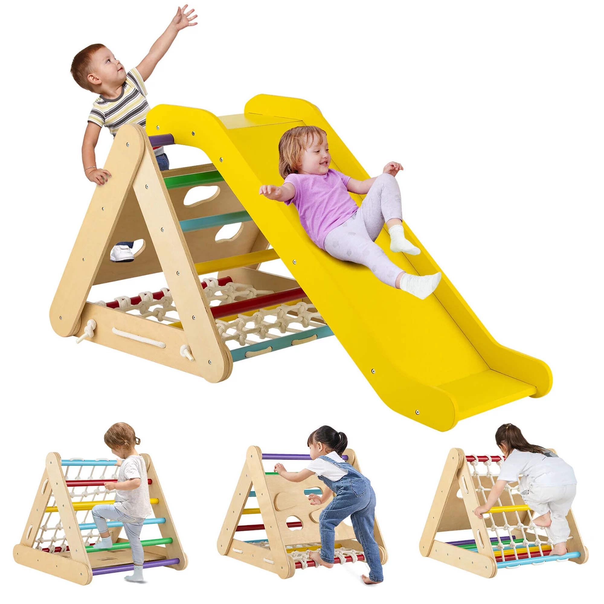 Gymax 4 in 1 Wooden Climbing Triangle Set Triangle Climber w/ Ramp Natural