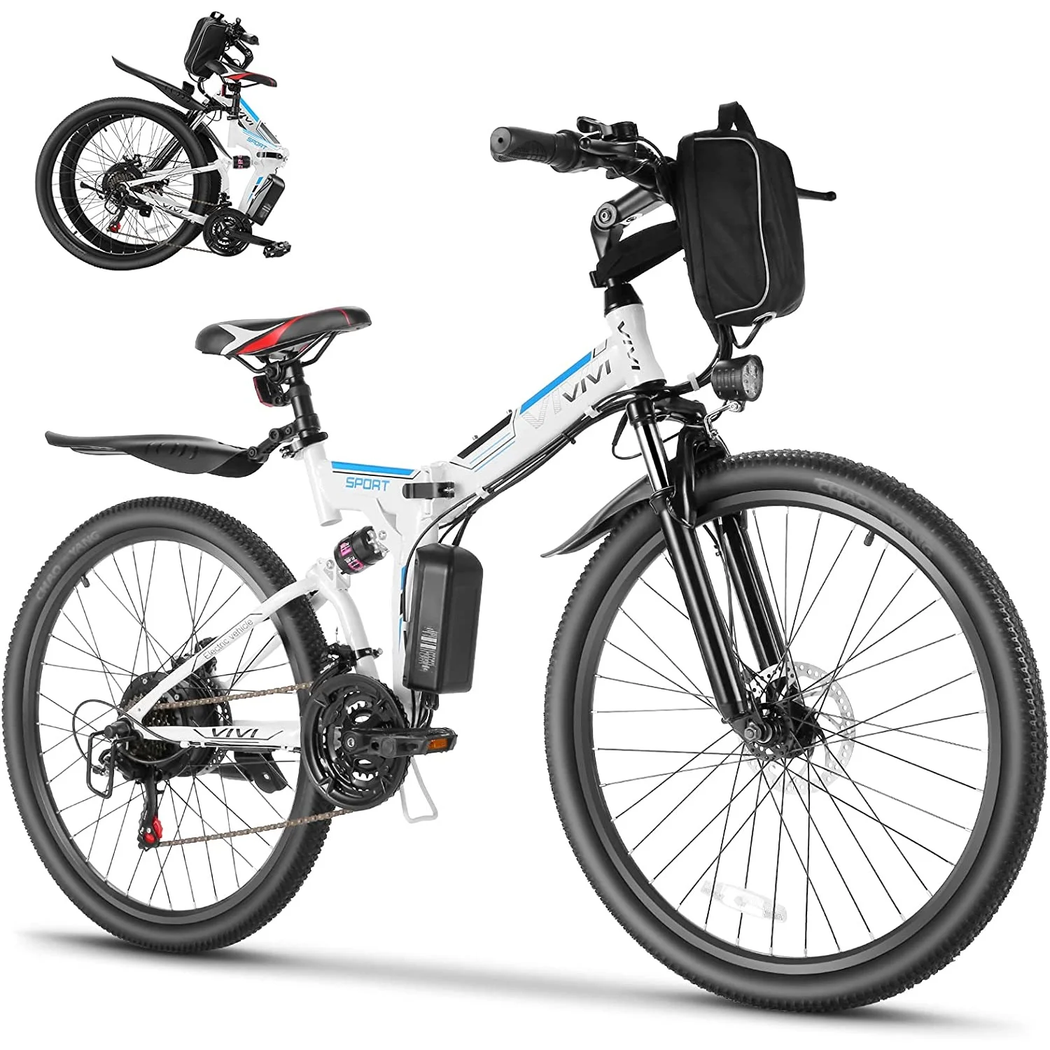 Vivi Electric Bike 26” Folding Electric Mountain Bike 500W Full Suspension Electric Bike 21 Speed with Cruise Control, 48V Removable Battery, Up to 20MPH & 50 Miles