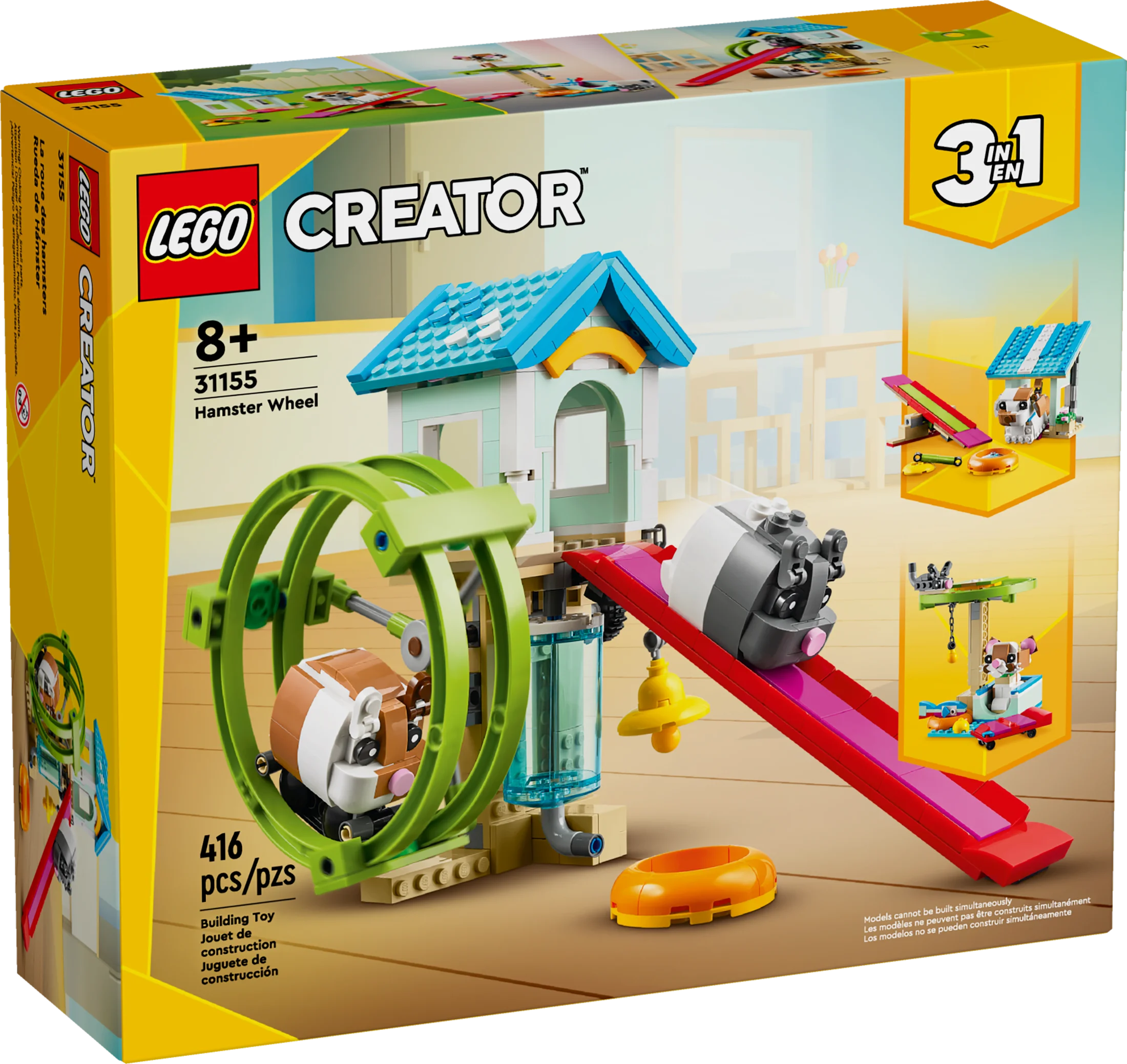 LEGO Creator 3 in 1 Hamster Wheel Toy, Transform to Cat Play Area to Doghouse to Hamster House, Animal Set for Kids, Gift Idea for Boys and Girls Aged 8+ Years Old, Creative Play, 31155