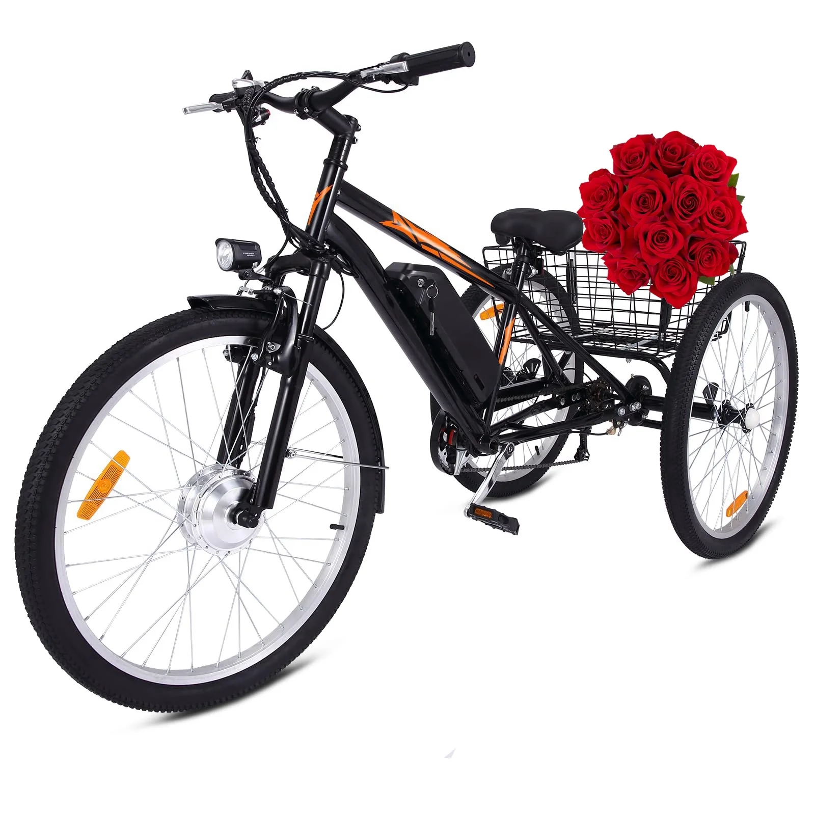 Soonbuy Electric Tricycle 24″ Electric Trike, 7 Speeds Motorized Three Wheel Electric Bicycle, 3 Wheels Adult Electric Tricycle with Large Basket,Orange