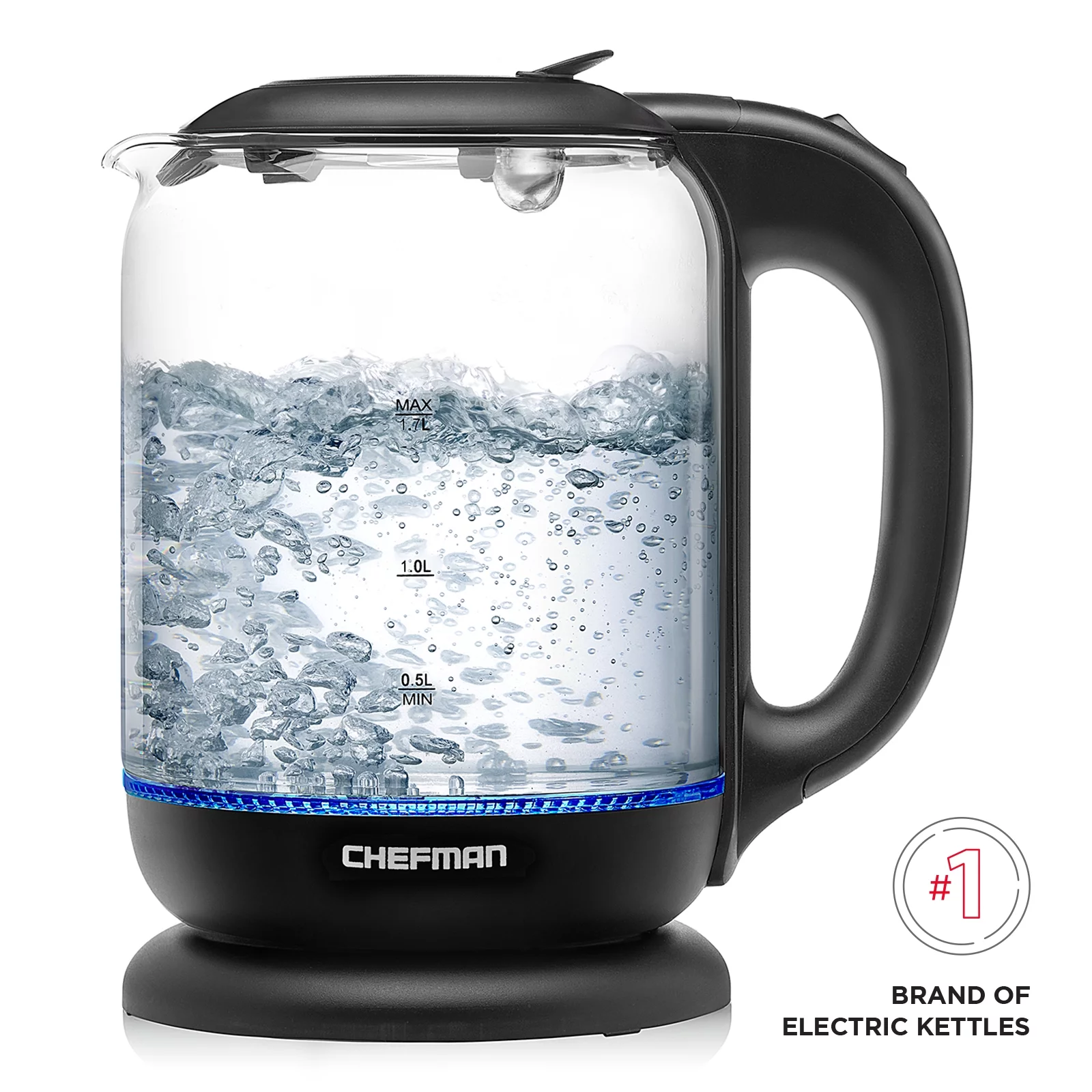 Chefman 1.7 Liter Electric Kettle w/ Easy Fill Removable Lid and LED Indicator Lights- Black, New