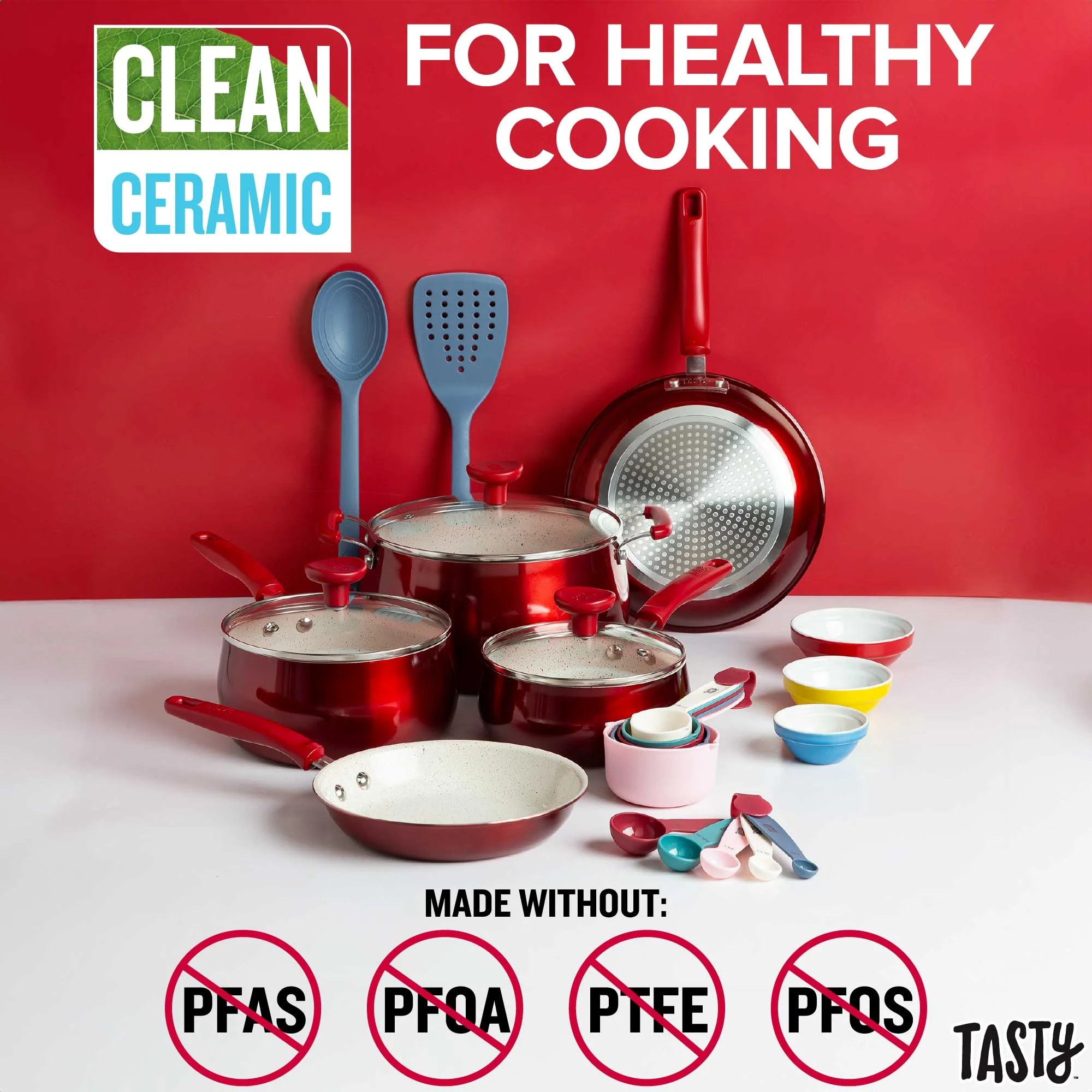 Tasty Clean Ceramic 23 Piece Non-Stick Aluminum Cookware Set, Red