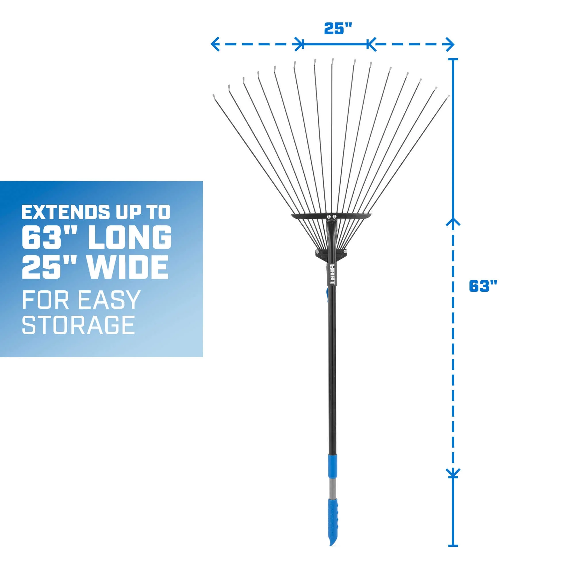 HART 15-Tine Adjustable Leaf Rake with Telescoping Handle Design