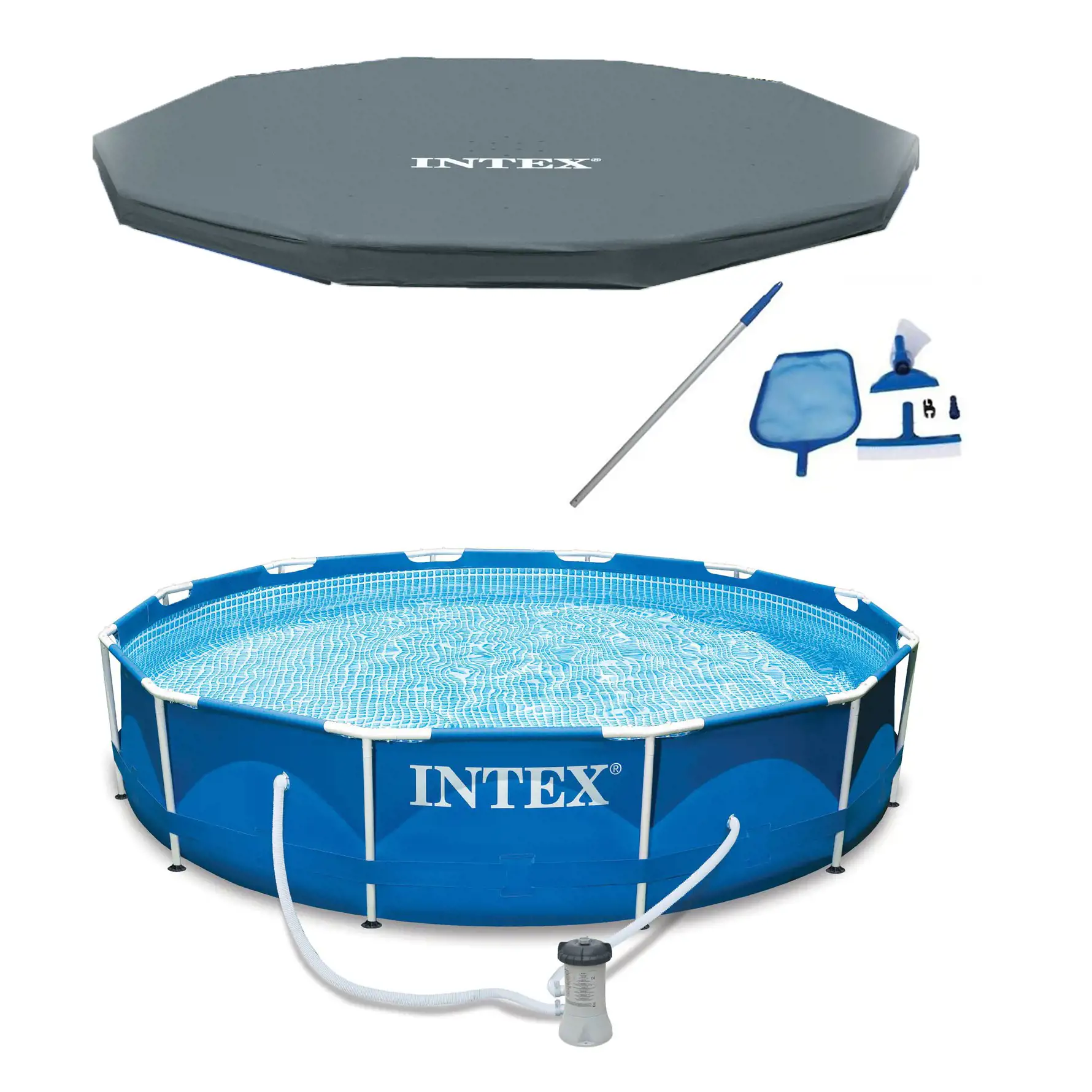 Intex 12′ x 30″ Round Metal Frame Above Ground Pool, Filter, Cover, & Maintenance Kit