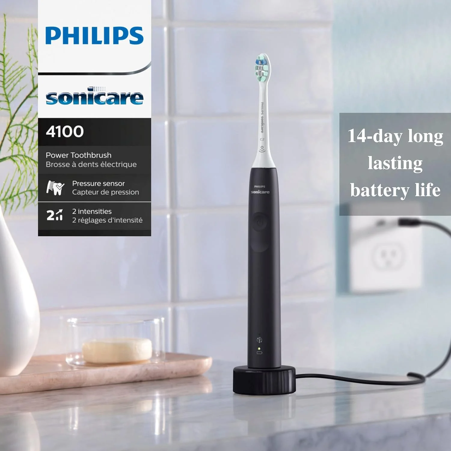 Philips Sonicare Electric Toothbrush Clean 4100 Rechargeable Tooth Brush with Pressure Sensor, Sonic Electronic Toothbrush, Black + Tigology Accessories