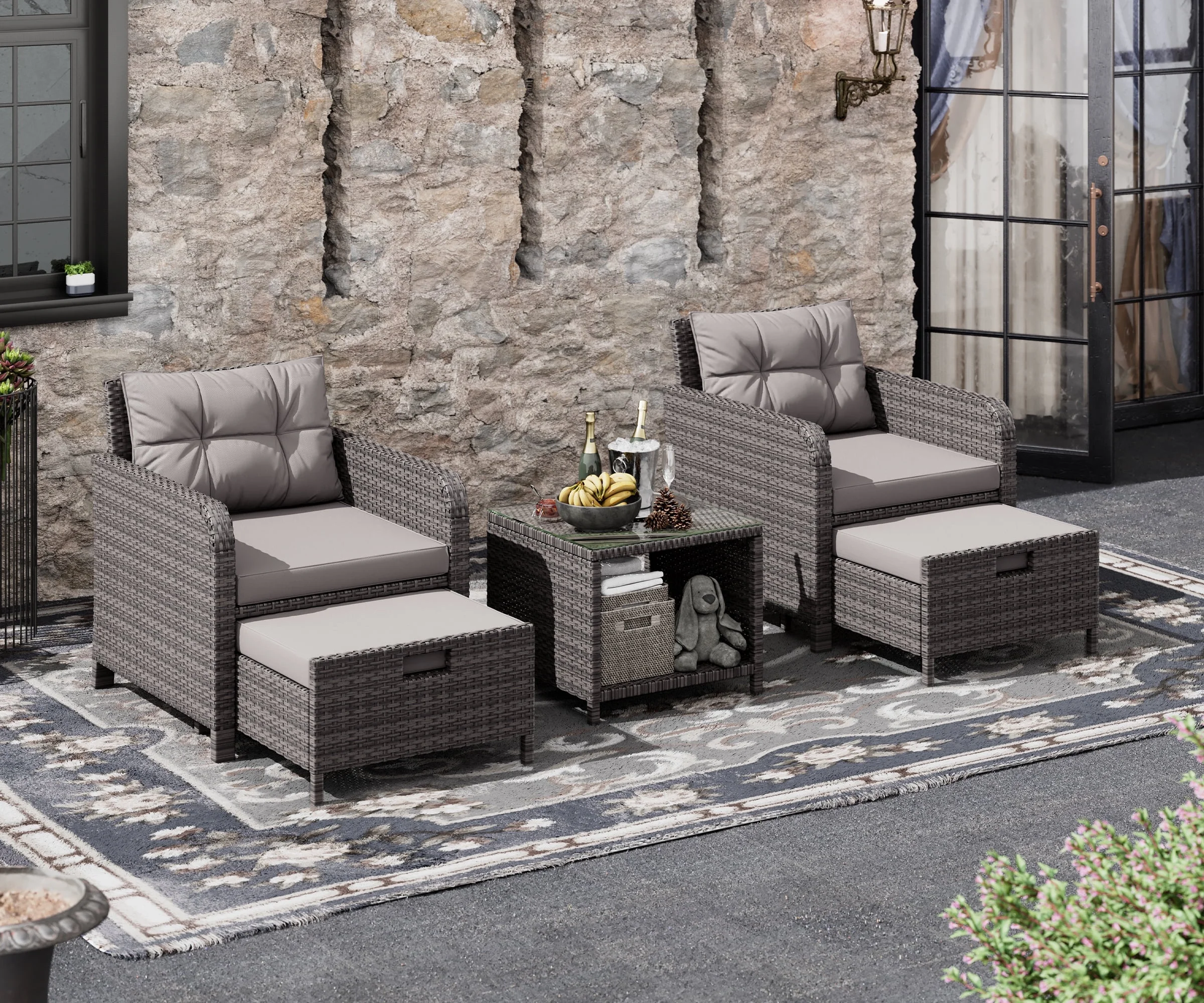 LHBcraft Balcony Furniture 5 Piece Patio Conversation Set, PE Wicker Rattan Outdoor Lounge Chairs with Soft Cushions 2 Ottoman&Glass Table for Porch, Lawn-Brown Wicker (Brown)