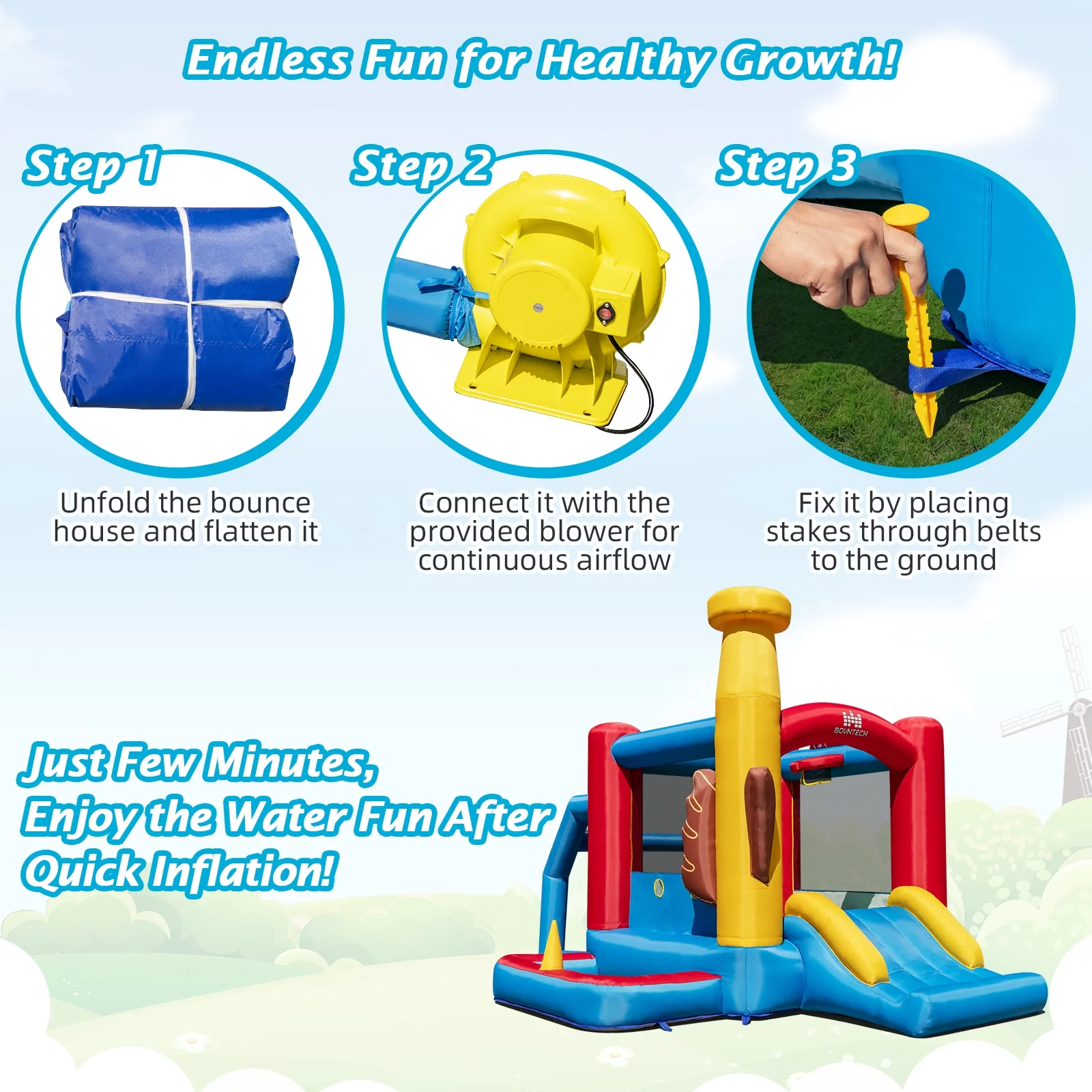 Topbuy Inflatable Bounce House with 480W Air Blower Bouncer Playhouse Castle with Slides Jump Area Ocean Ball Pit Basketball Hoop