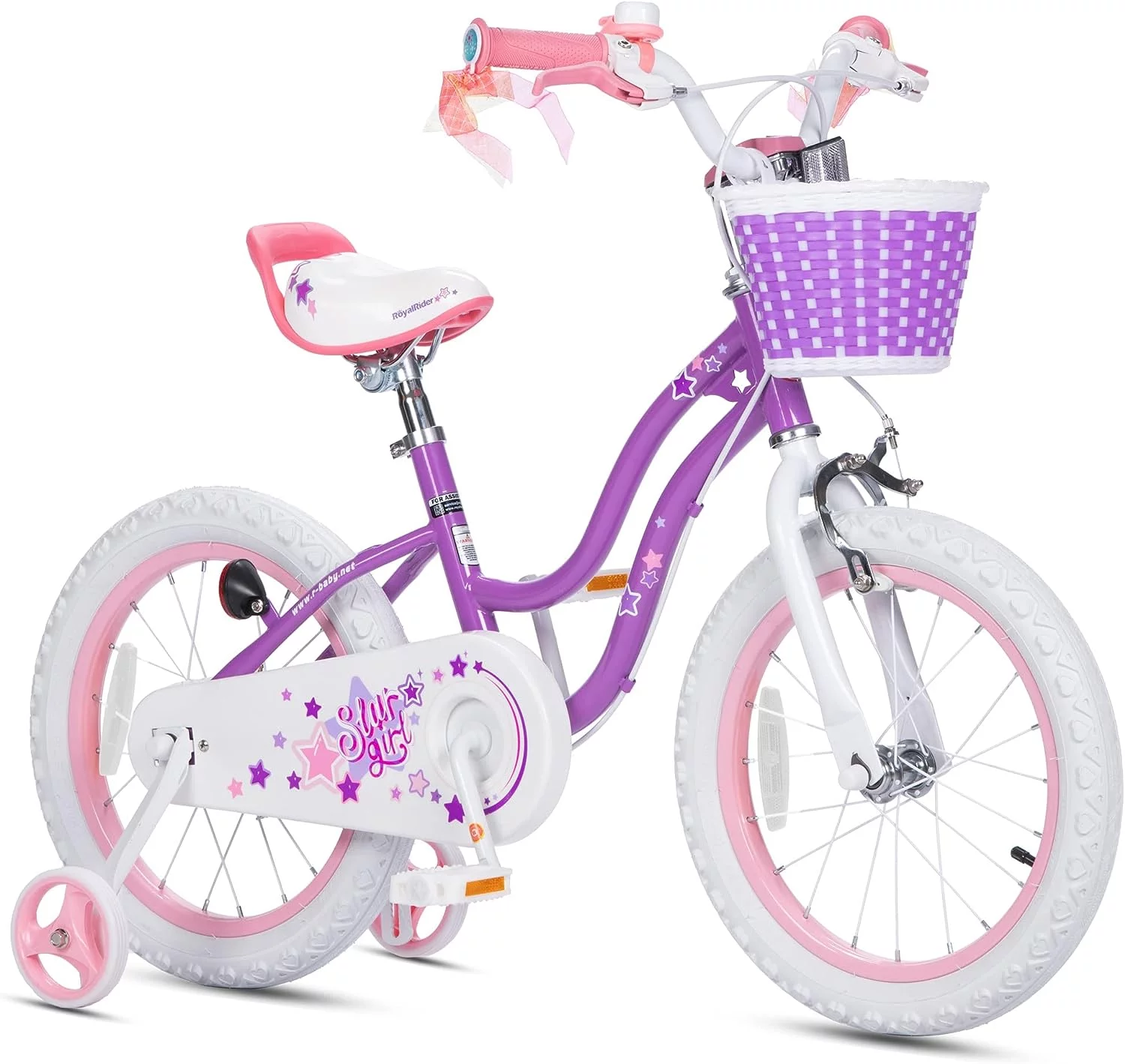 Royalbaby Girl’s Kid’s Bike Stargirl 16 In. Child Bicycle with Basket, Training Wheels and Kickstand, Purple Dual handbrakes.