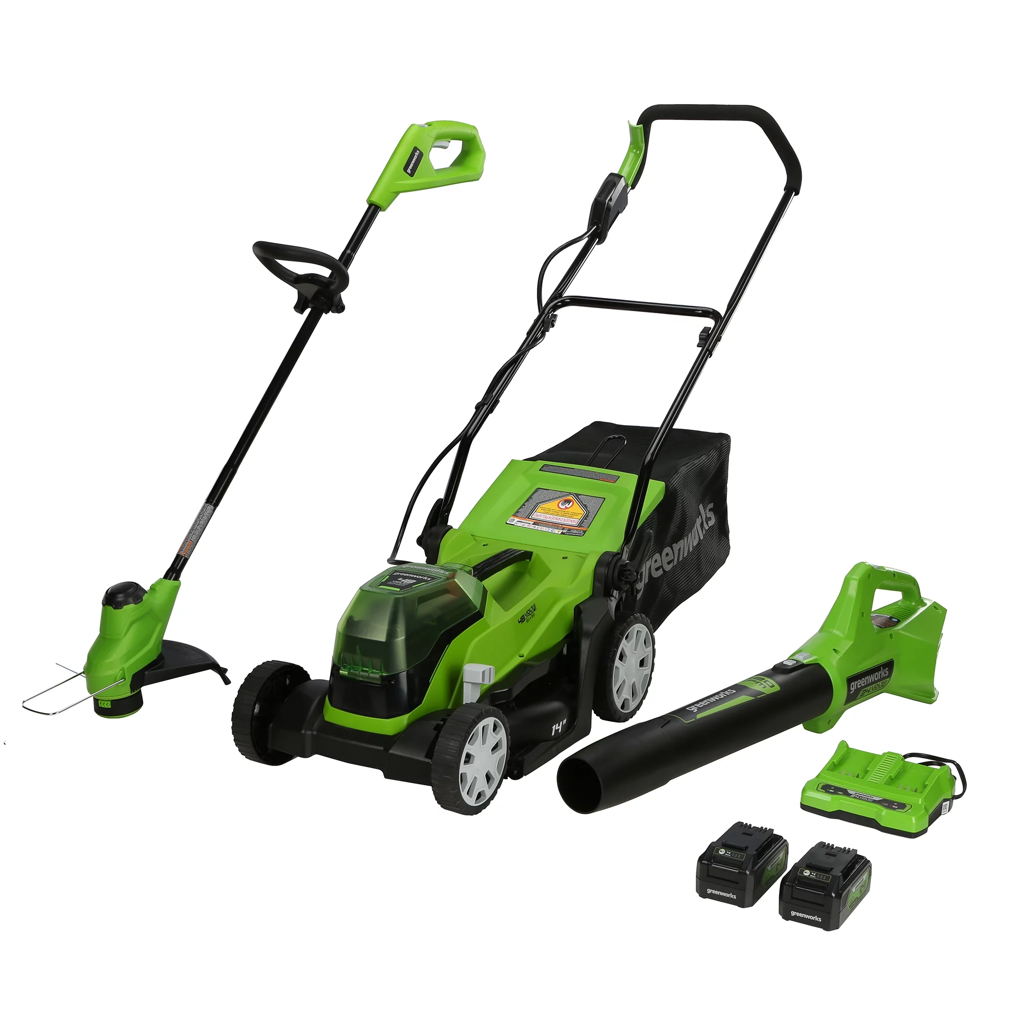 Greenworks 48V 14″ Mower,24V Axial Blower and 24V 10″ String Trimmer Combo