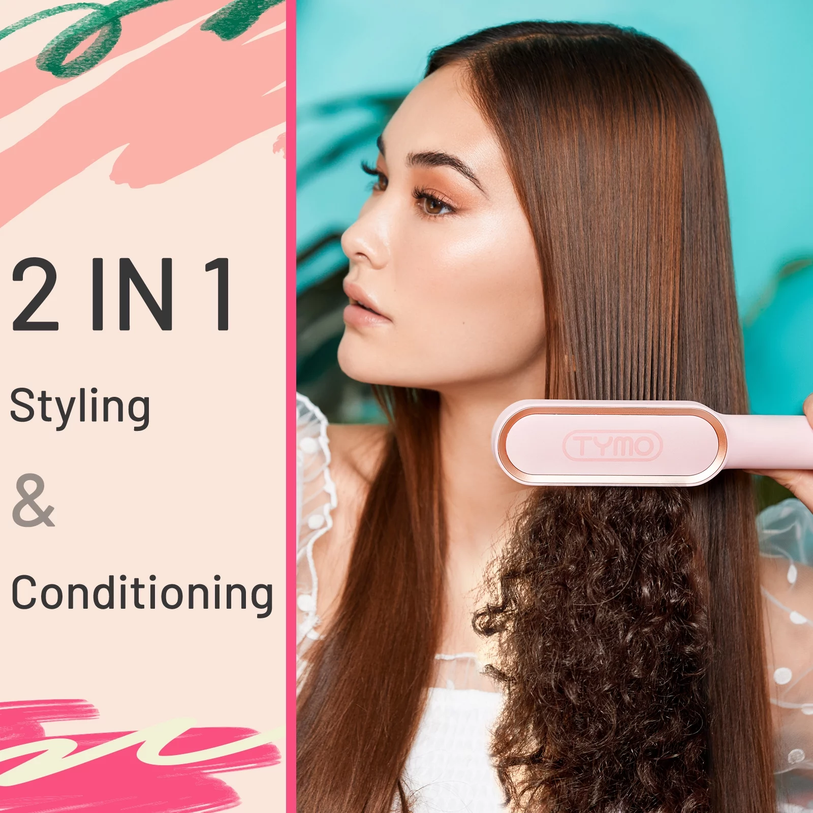 TYMO Ring Pink Hair Straightener Brush ? Hair Straightening Iron with Built-in Comb, 20s Fast Heating & 5 Temp Settings & Anti-Scald