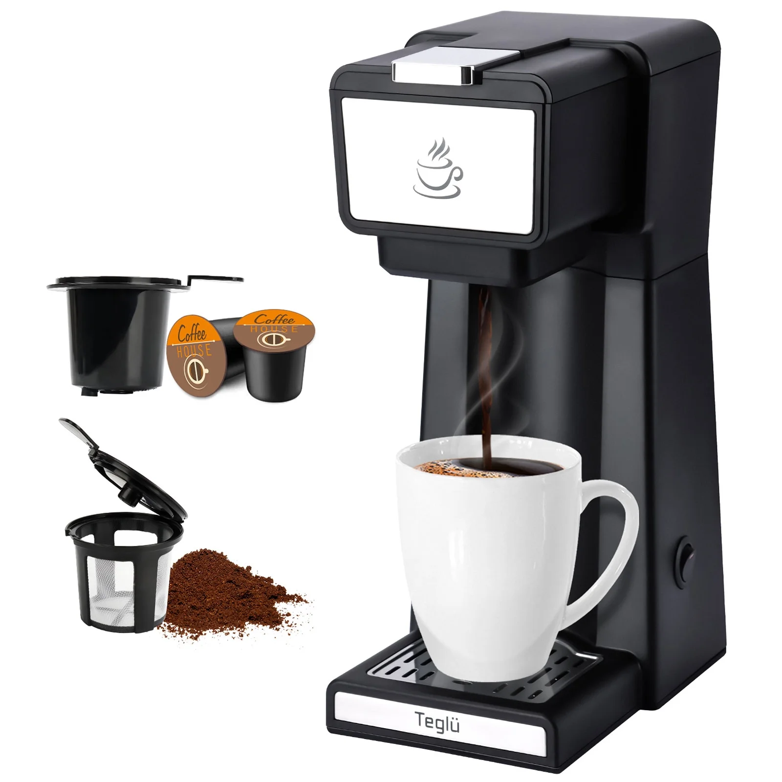 Slim Single Serve Coffee Maker 2 in 1 for K Cup Pod & Ground Coffee, Mini K Cup Coffee Machine 14 Oz, One Cup Coffee Brewer with One-Bouton Fast Brewing, Reusable Filter, 800W, CM-206, Black