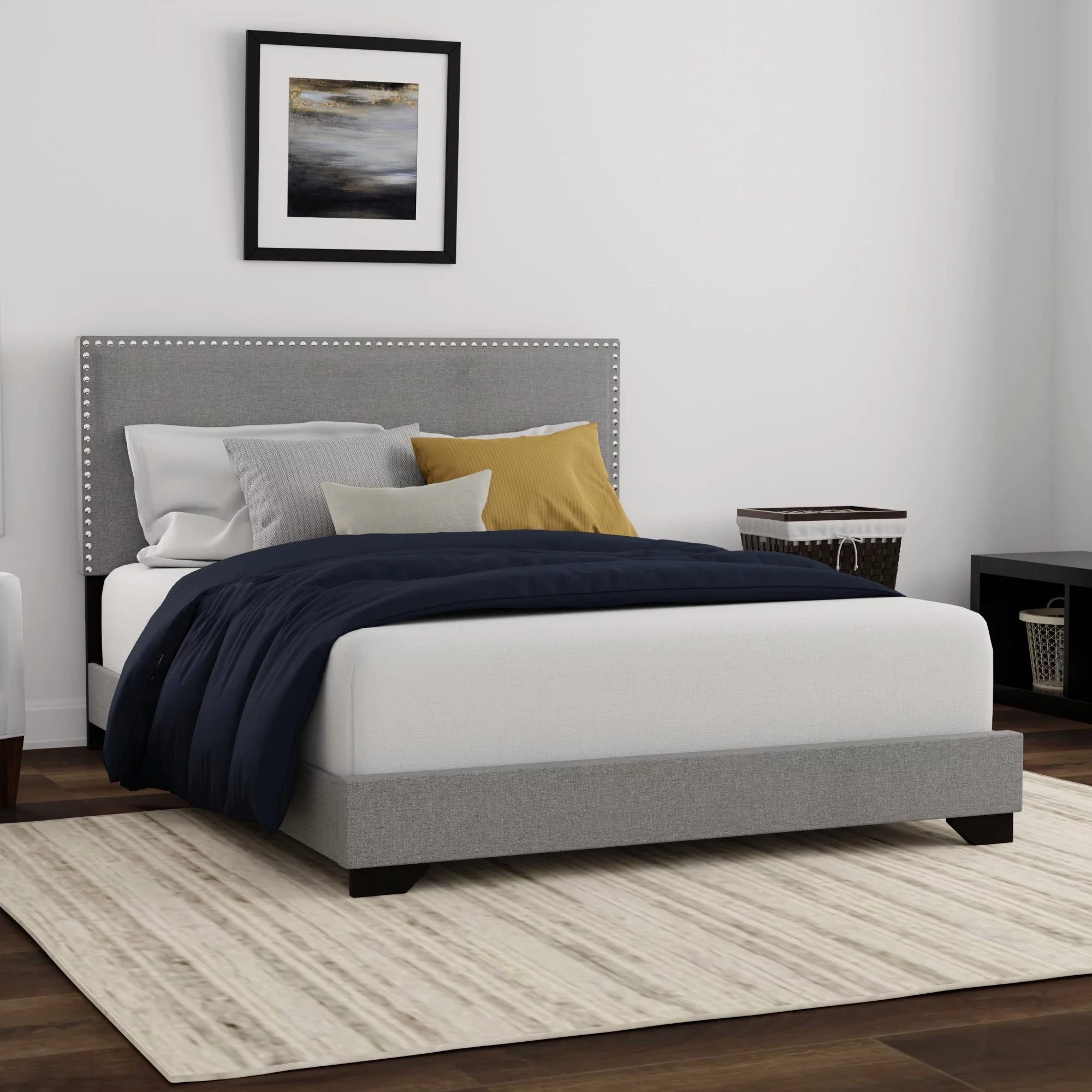 Skylar Nailhead Trim Upholstered Twin Platform Bed, Beige