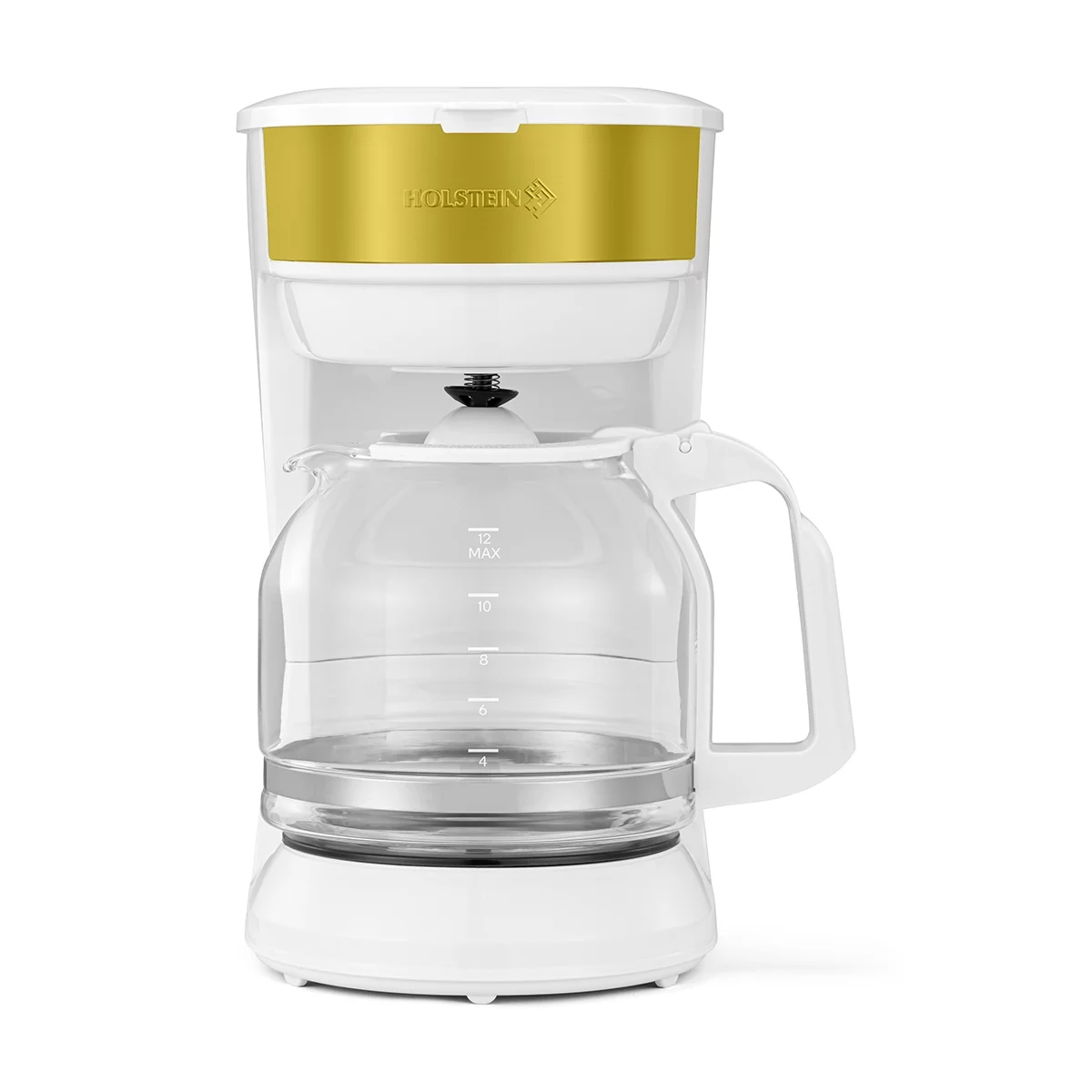 Holstein Housewares 12-Cup Drip Coffee Maker with Auto Keep Warm and Permanent Filter – Compact and User Friendly Design with Auto Pause and Serve Functions, White and Gold