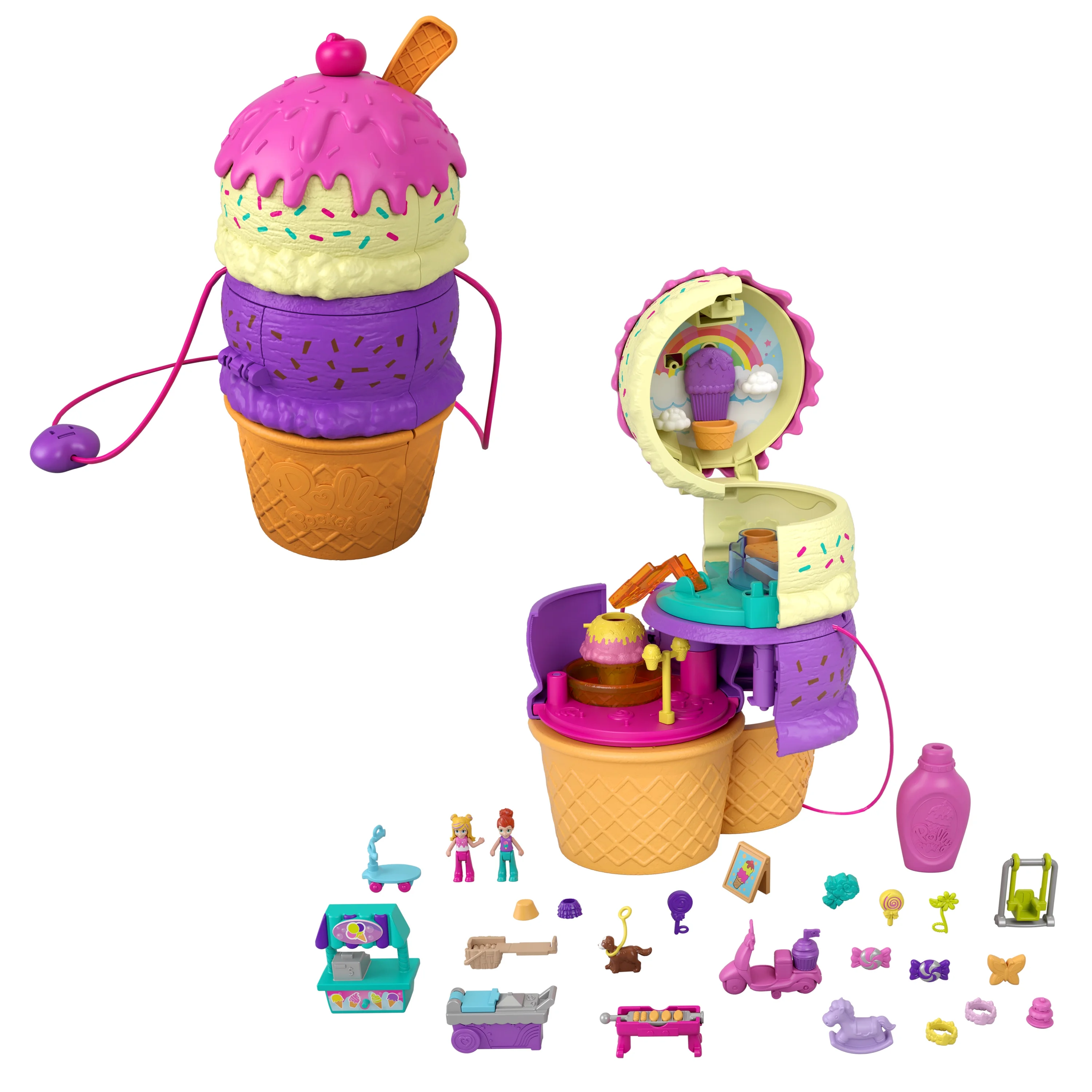 Polly Pocket 2-in-1 Spin ‘n Surprise Playground, Travel Toy with 2 Micro Dolls and 25 Accessories