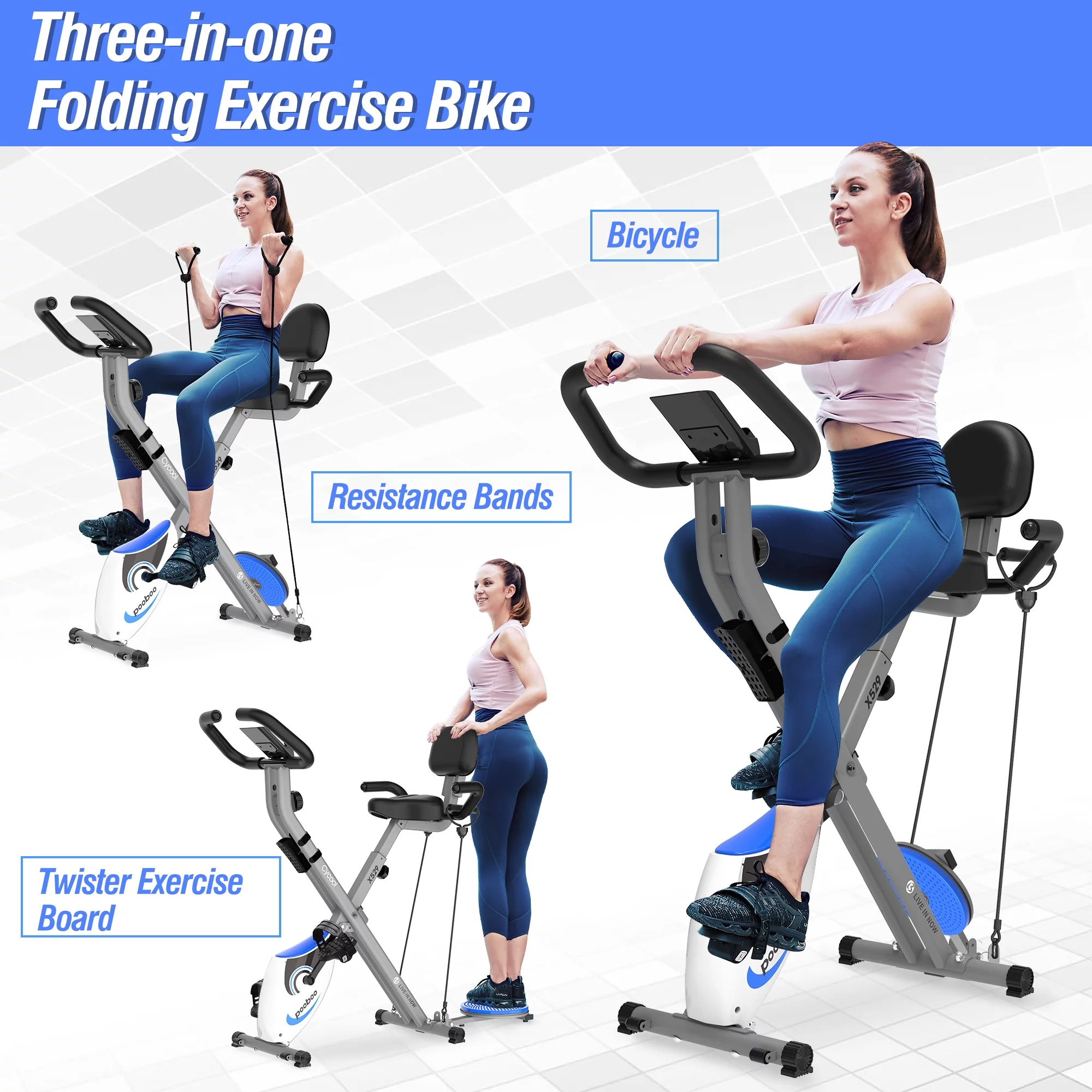 Pooboo Foldable Exercise Bike Magnetic Indoor Cycling Bike 3 in 1 Stationary Bike 220 lbs Capacity