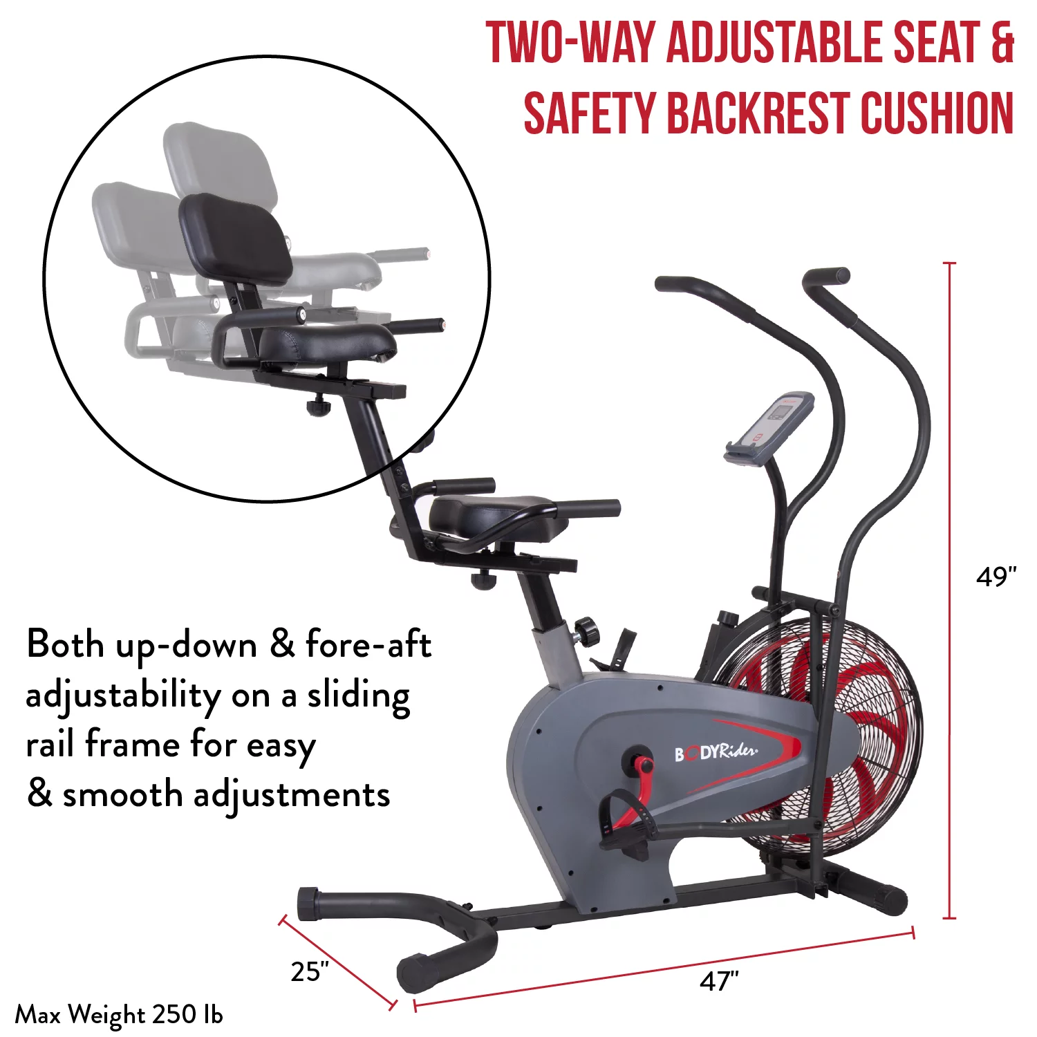 Body Rider BRF980 Upright Fan Bike Manual Resistance, Heart Rate Monitor, Max. Weight 250 lbs.