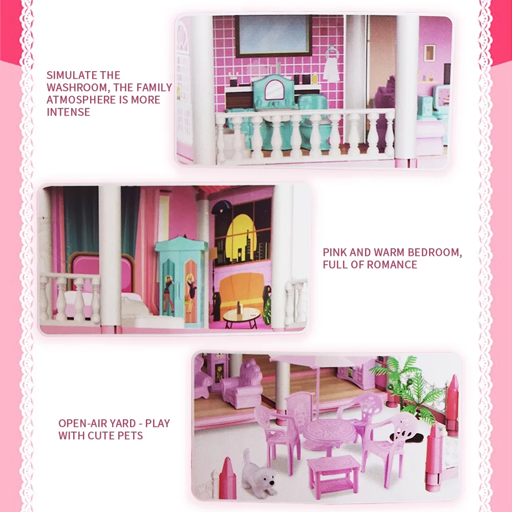 Dollhouse Playset Girl Toys, 6 Rooms with 2 Doll Toy Figures Toddler Playhouse Christmas Birthday Gifts for 3 4 5 6 7 Year Old Girls