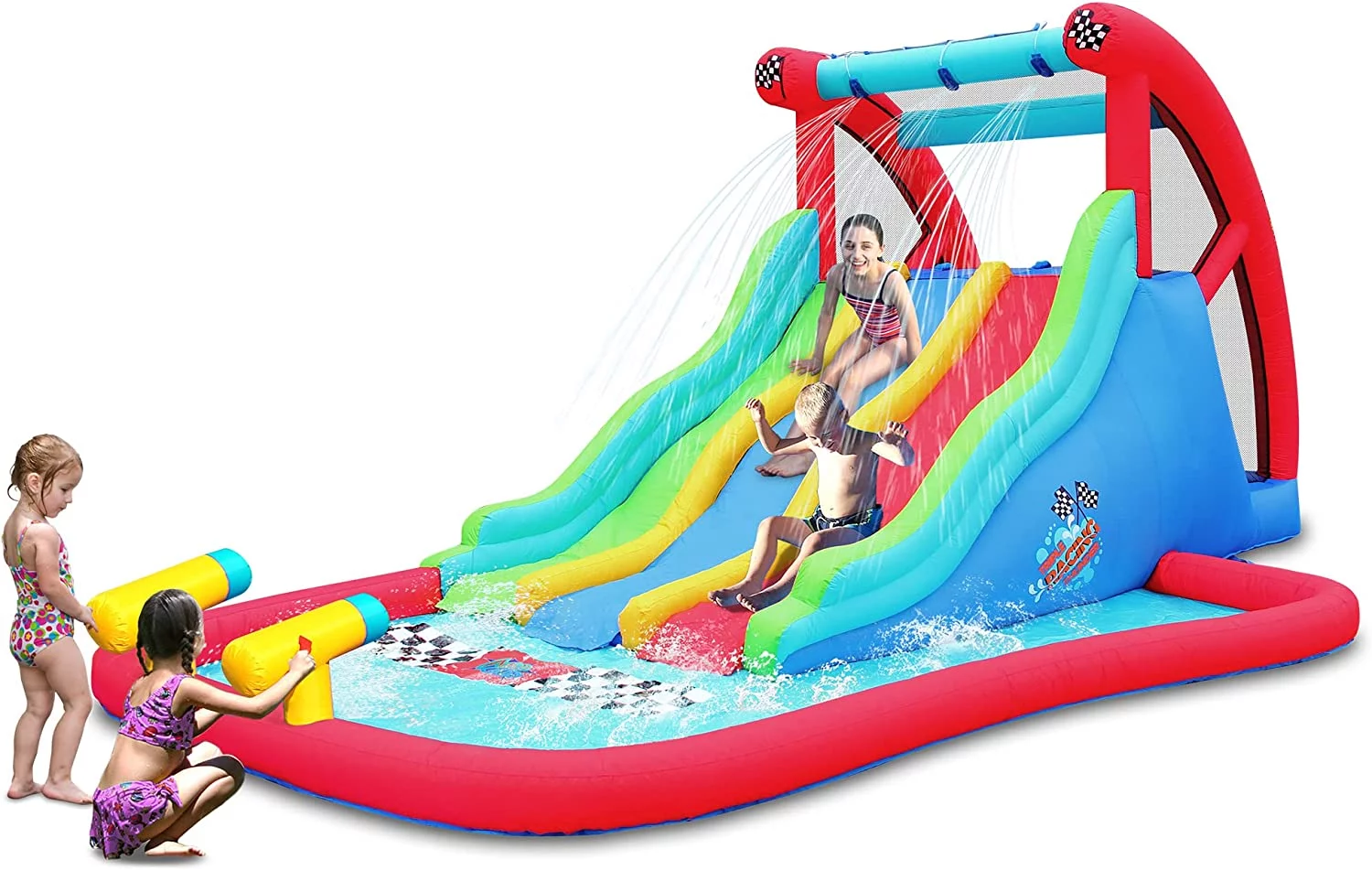 Action Air Inflatable Water Slide, Fun Triple Waterslides with Climbing Wall, Pool with 2 Water Sprays, Bounce House for Kids Backyard