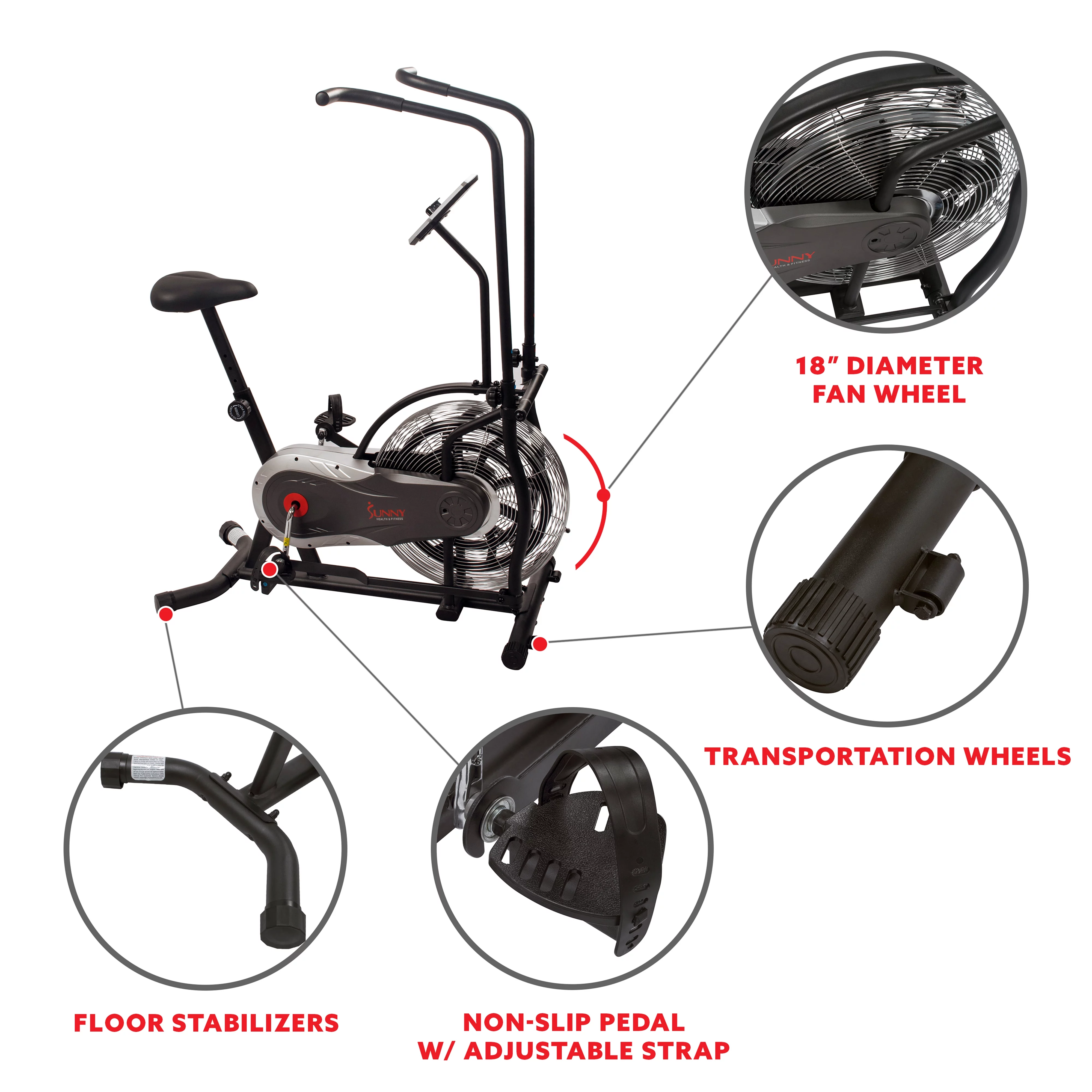 Sunny Health & Fitness Zephyr Indoor Stationary Upright Air Bike w/ Row – Fan Exercise Bicycle Cardio Machine For Home, SF-B2715