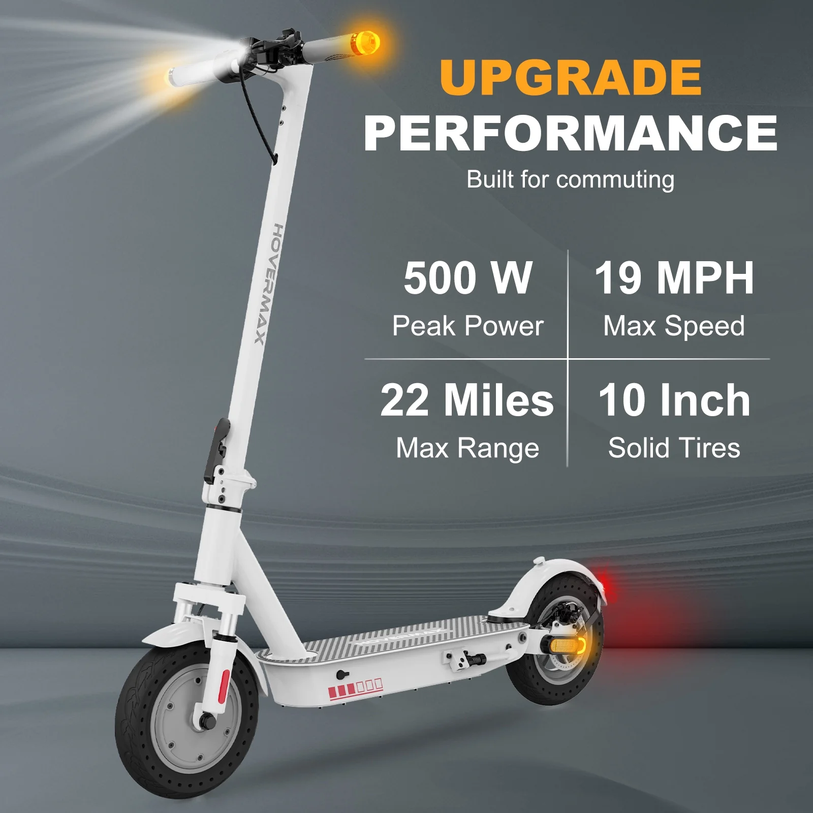 HOVERMAX H10K Pro Electric Scooter, 500W Motor 19MPH Top Speed 22 Miles Long Range, 10” Solid Tires Folding Electric Scooter for Adult Commute