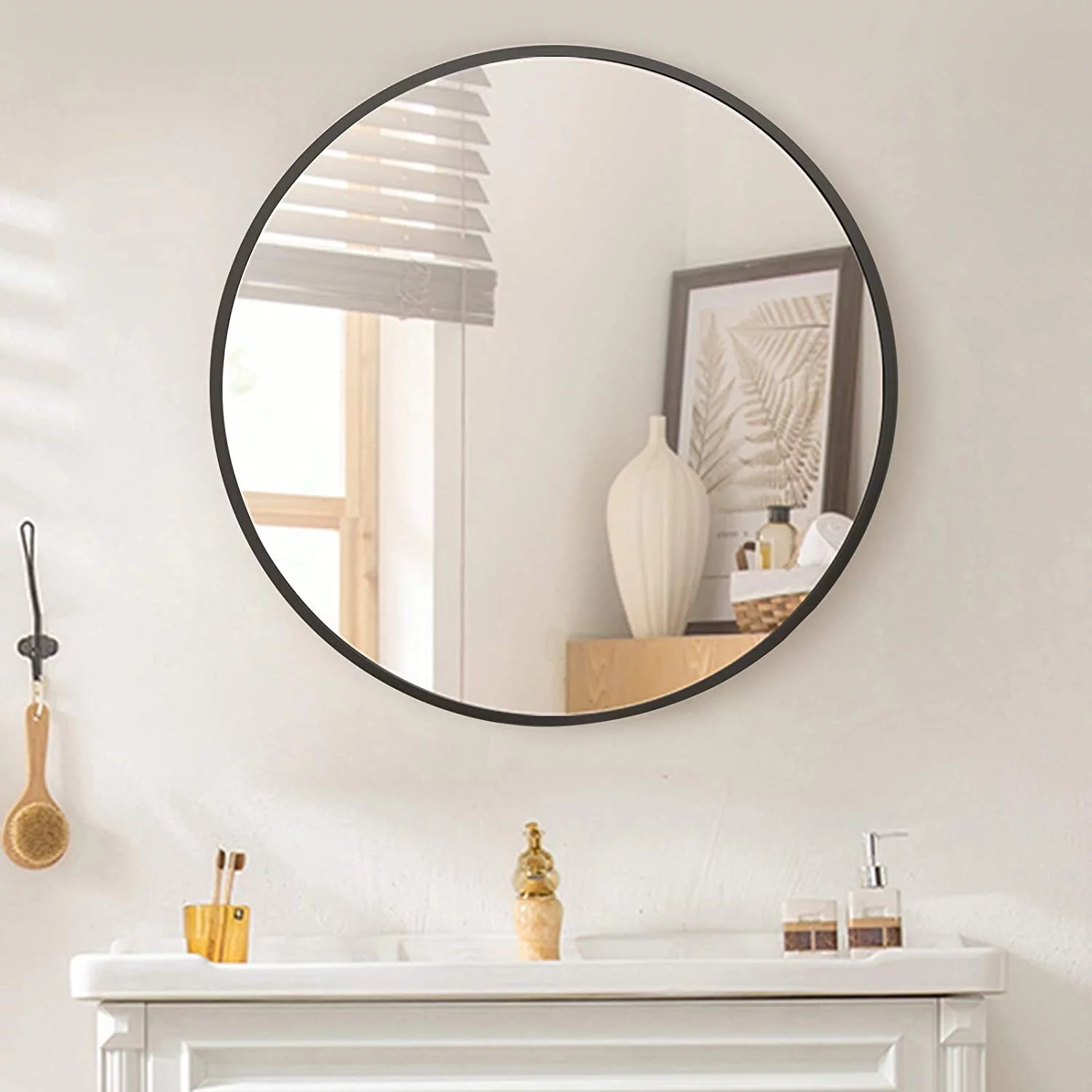 BEAUTYPEAK 24″ Wall Mirror Bathroom Mirror Wall Mounted Round Mirror, Black